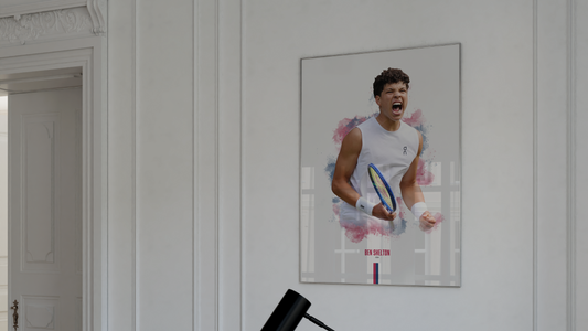 framed poster mockup of tennis player ben shelton celebrating