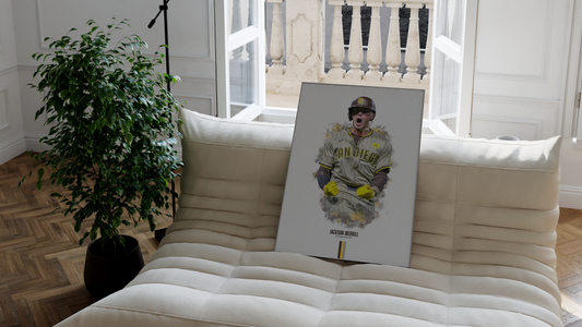 framed poster mockup of baseball player jackson merrill celebrating for the san diego padres