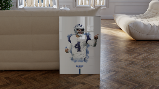 framed poster mockup of football player dak prescott in a dallas cowboys uniform