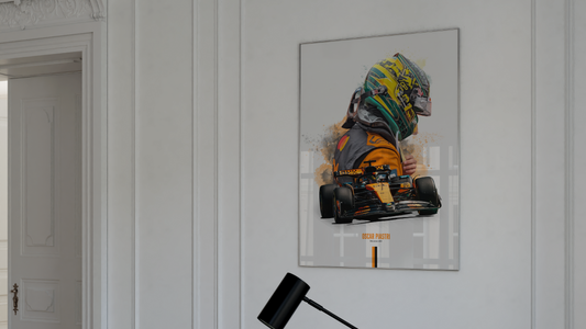 framed poster mockup of f1 mclaren driver oscar piastri