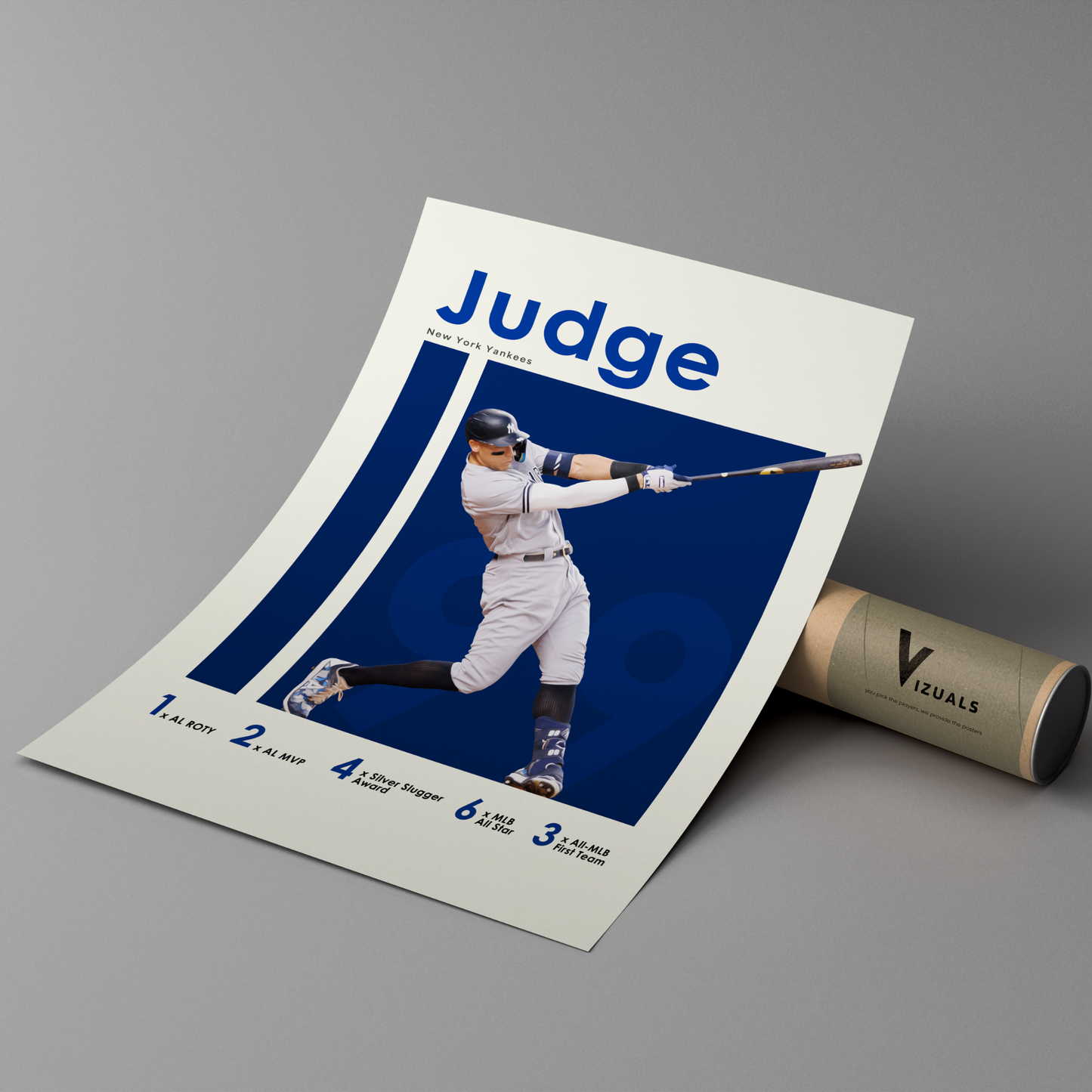 poster mockup leaning on a branded cardboard tube. poster of baseball player aaron judge playing for the New York Yankees.