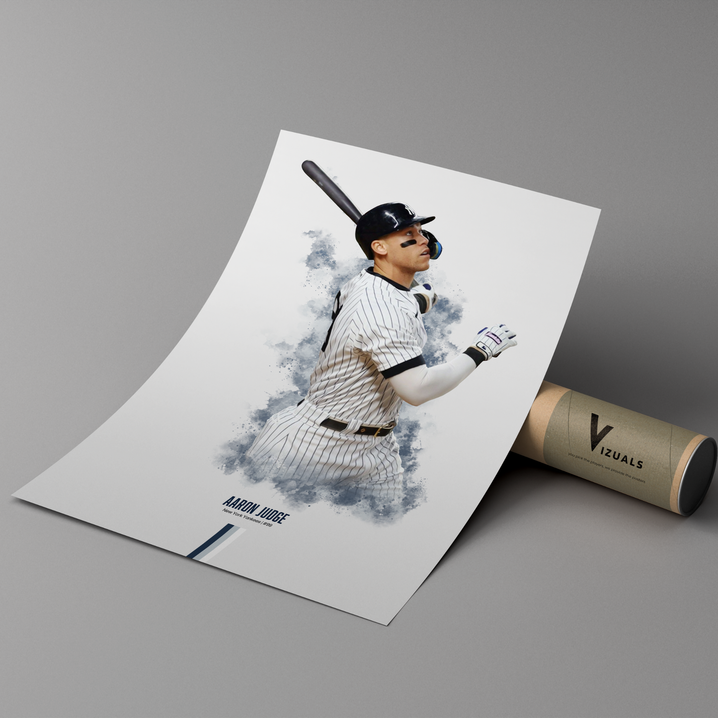 poster mockup of baseball player aaron judge leaning on a protective cardboard tube