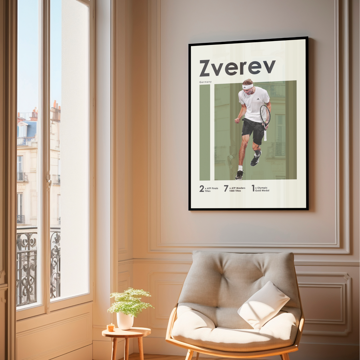 framed poster mockup hanging in a living room. poster of tennis player Alexander Zverev celebrating.