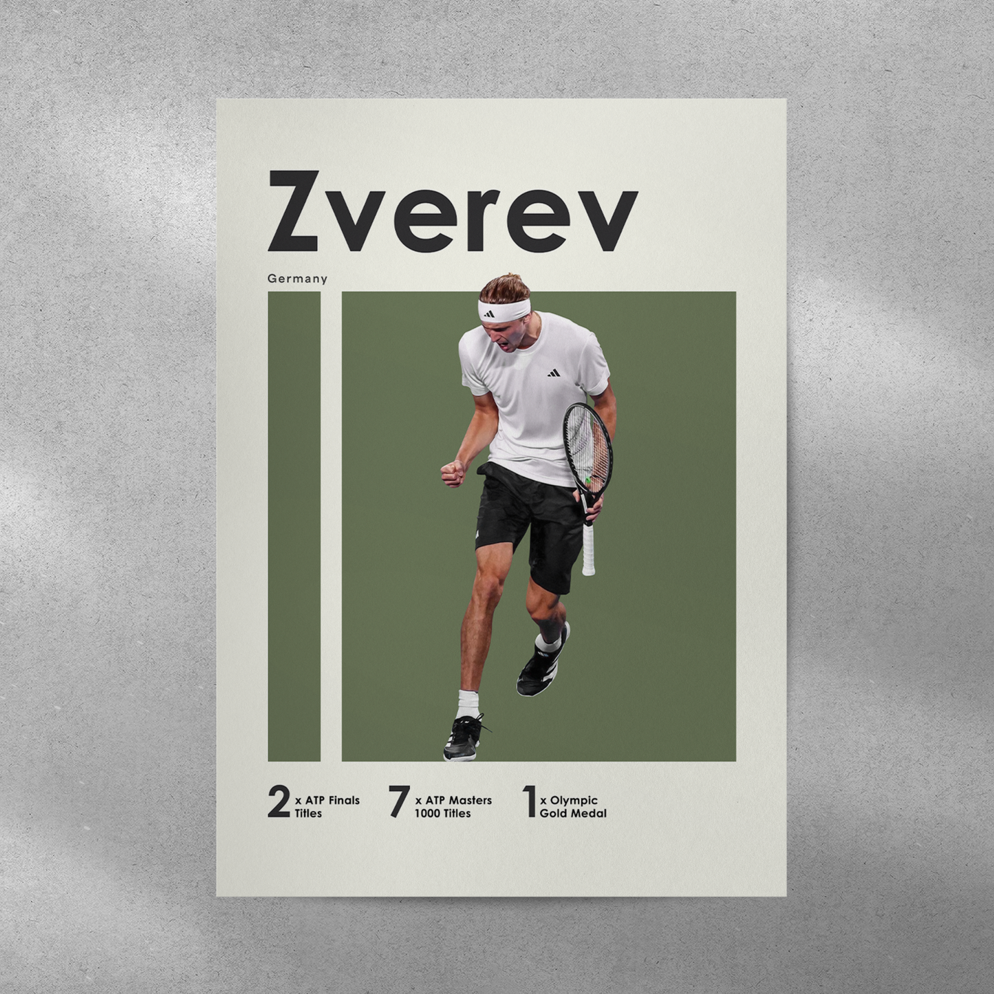 poster mockup on a grey wall. poster of tennis player Alexander Zverev celebrating.