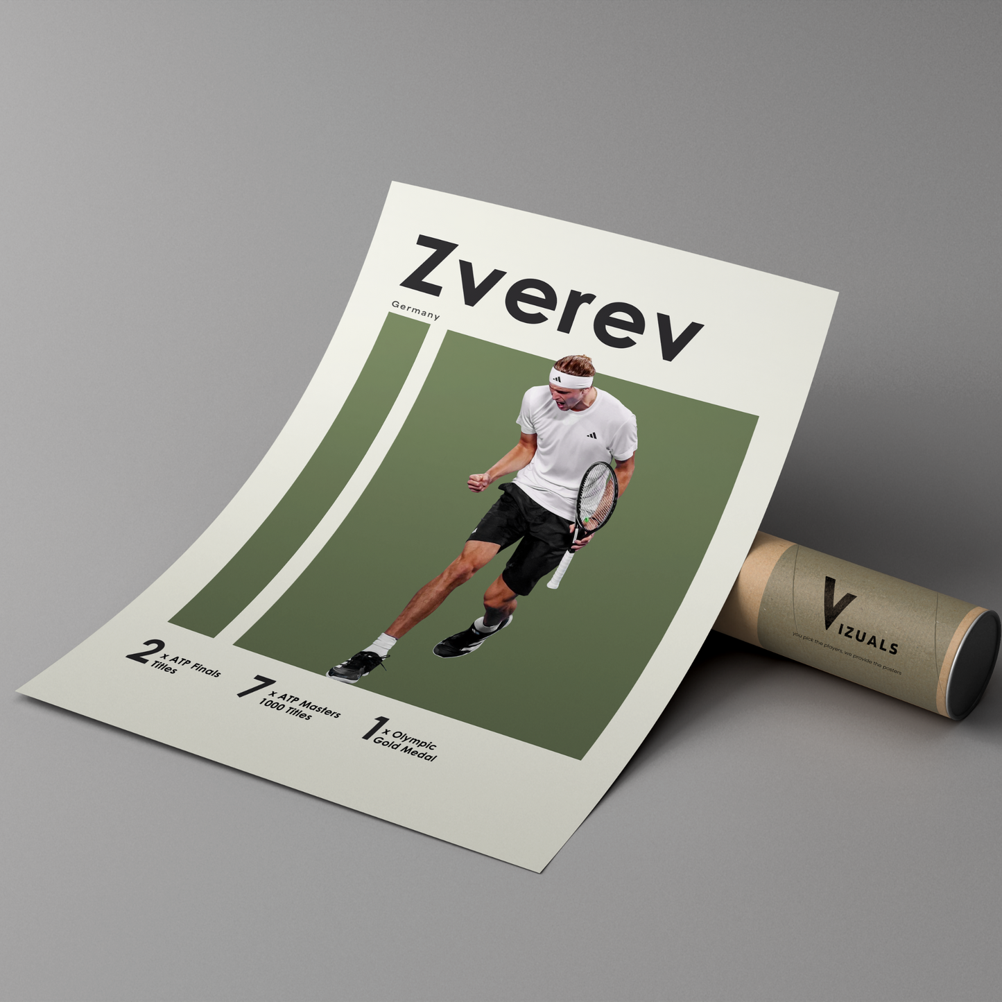 poster mockup leaning on a branded cardboard tube. poster of tennis player Alexander Zverev celebrating.