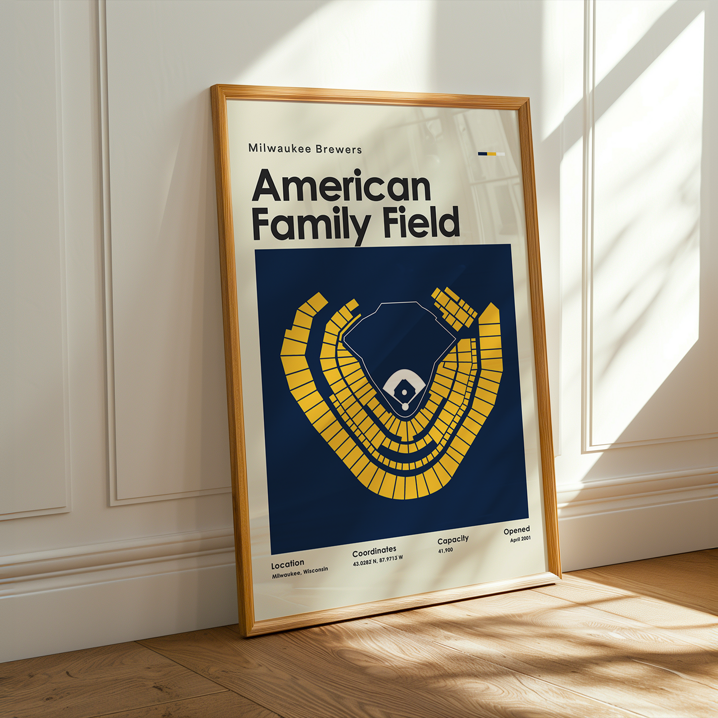 Framed poster of American Family Field with a blue and yellow design on a white wall.