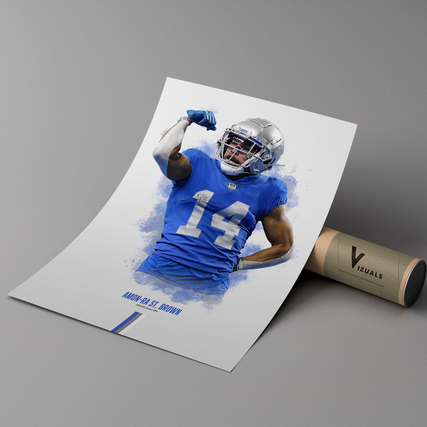 poster mockup leaning on a branded cardboard tube. poster of football player amon-ra st brown celebrating for the detroit lions.