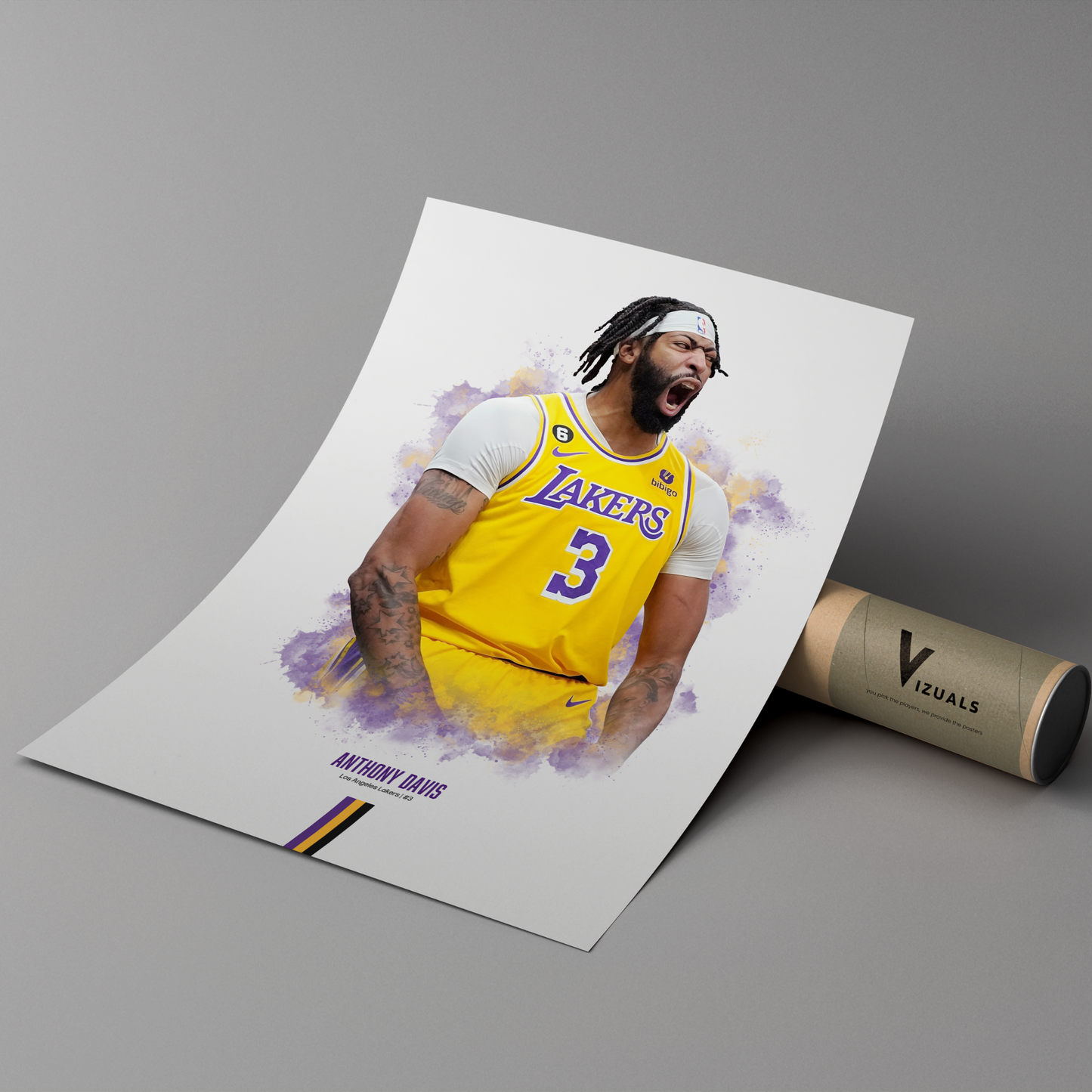 poster mockup leaning on a branded cardboard tube. poster of basketball player anthony davis celebrating for the los angeles lakers.