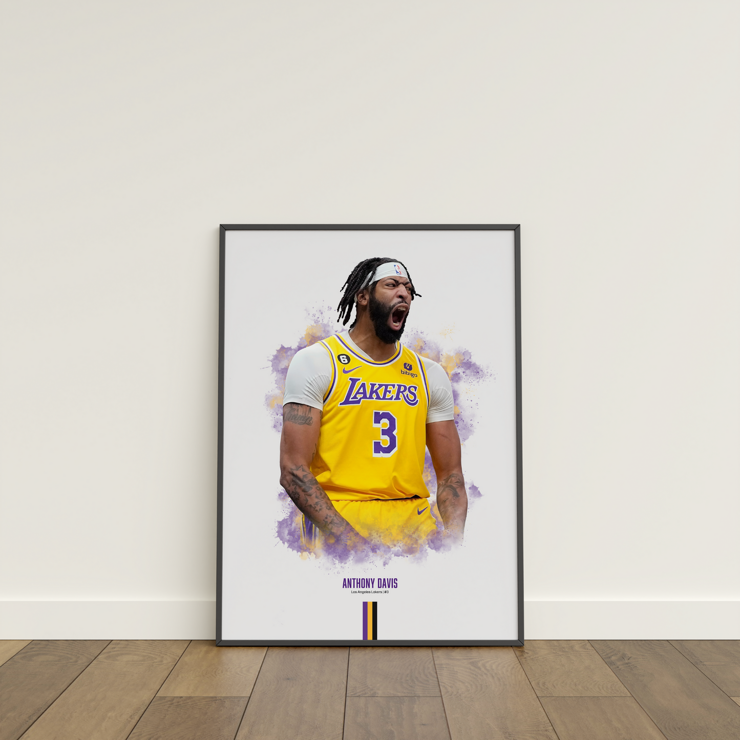 framed poster mockup leaning on a white wall. poster of basketball player anthony davis celebrating for the los angeles lakers.