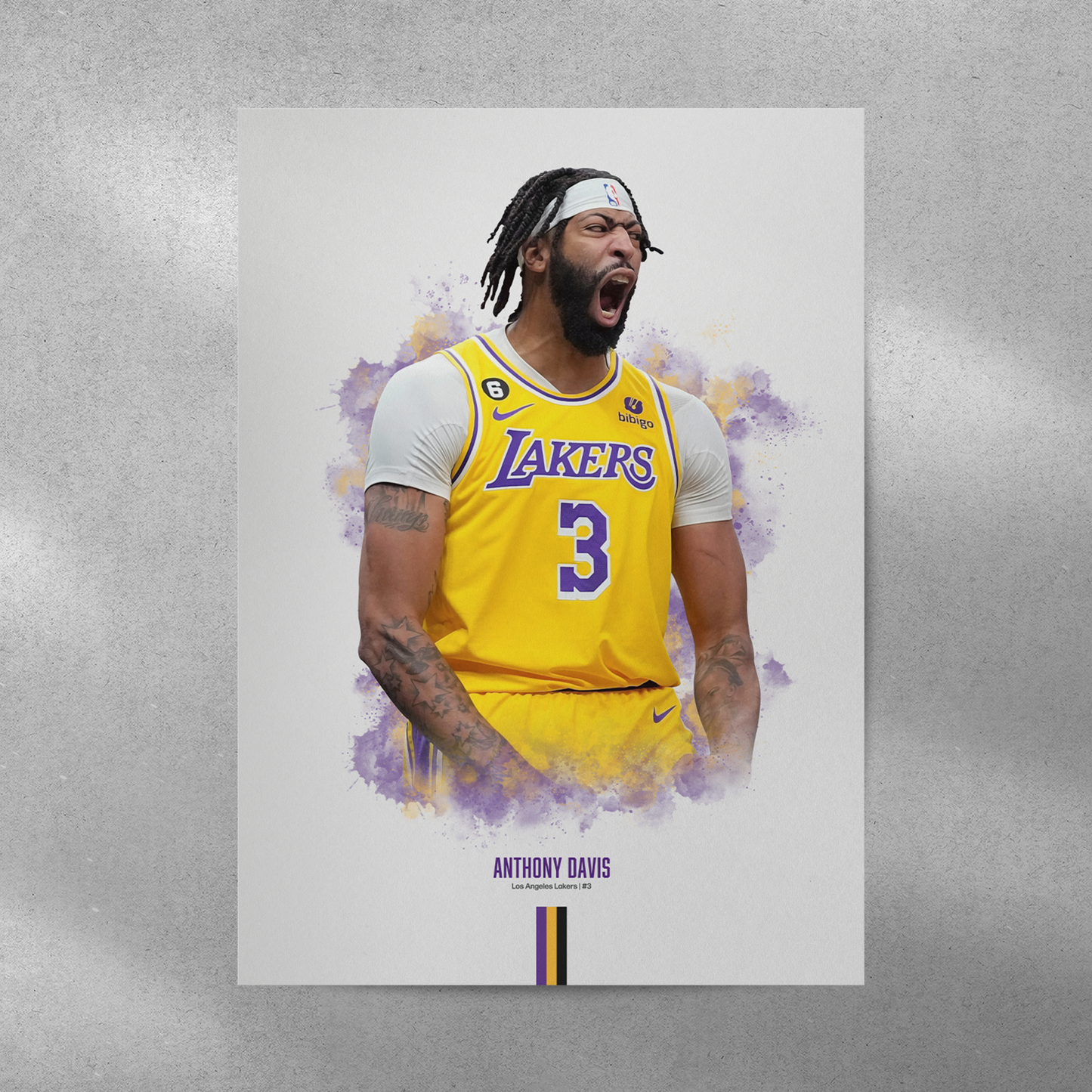 poster mockup on a grey wall. poster of basketball player anthony davis celebrating for the los angeles lakers.