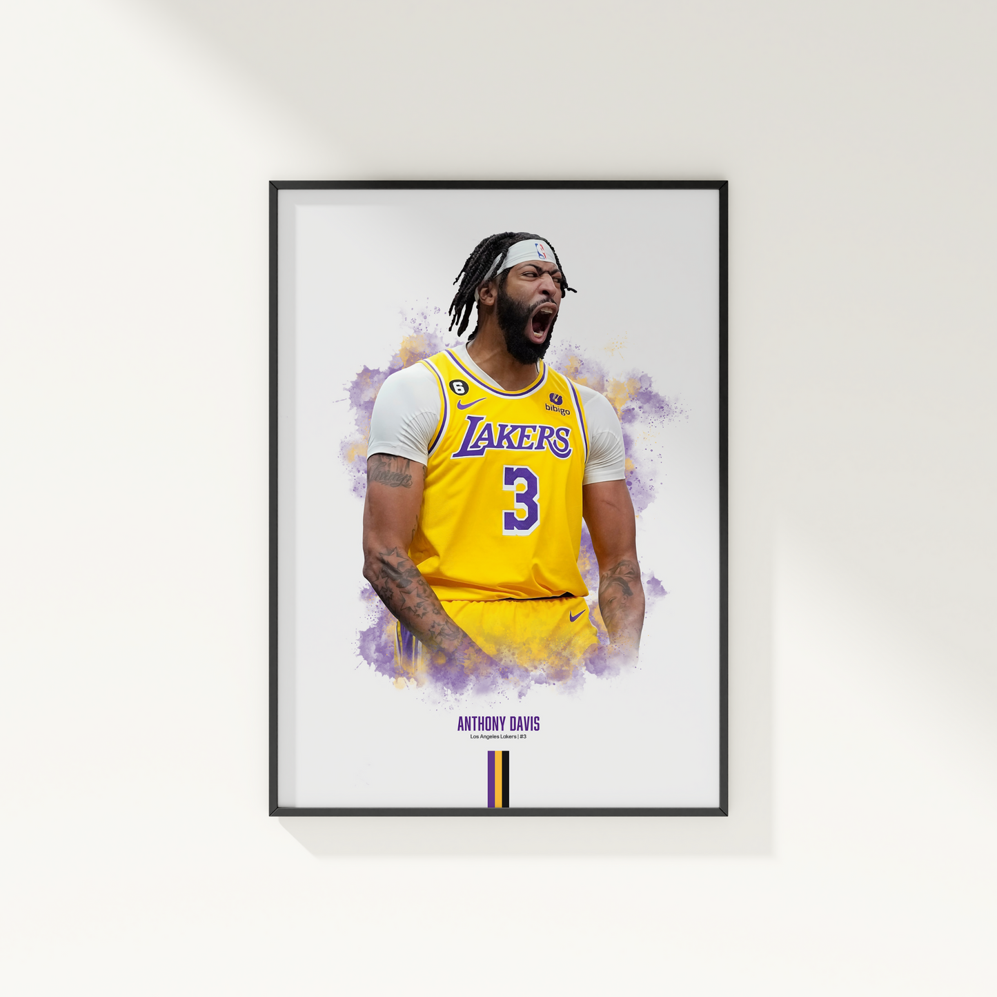 framed poster mockup hanging on a white wall. poster of basketball player anthony davis celebrating for the los angeles lakers.