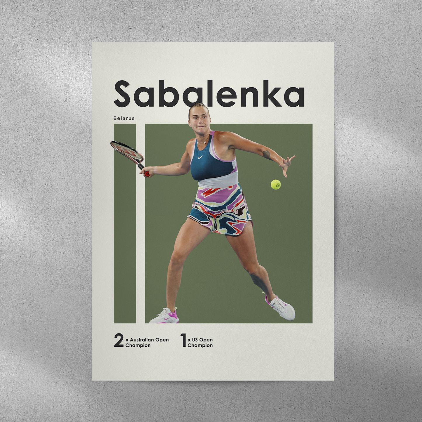 poster mockup on a grey wall. poster of tennis player Aryna Sabalenka hitting a forehand.