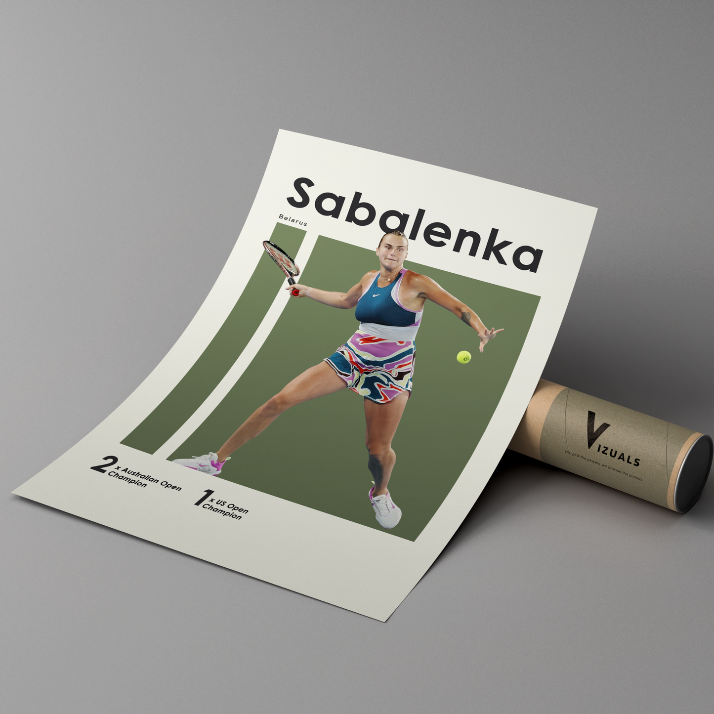 poster mockup leaning on a branded cardboard tube. poster of tennis player Aryna Sabalenka hitting a forehand.