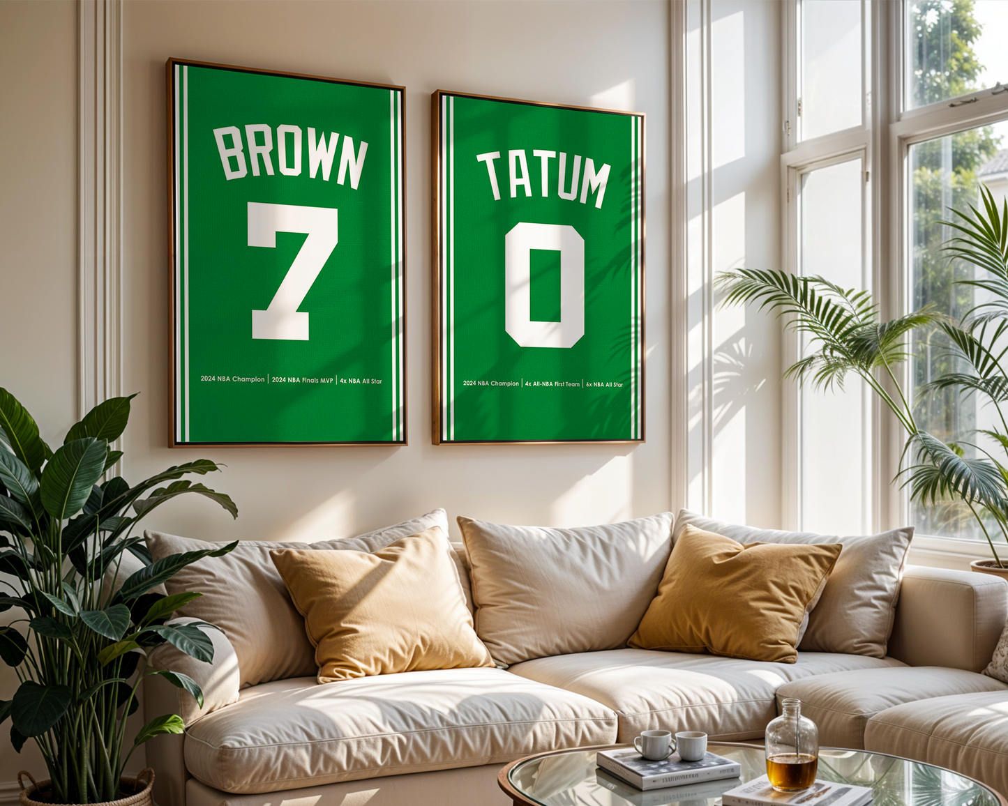 Two framed sports jerseys with names and numbers on a wall above a sofa.