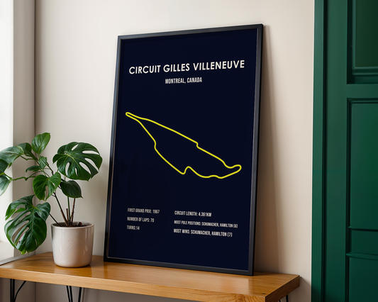 Framed poster of Circuit Gilles Villeneuve with a plant and green door in the background