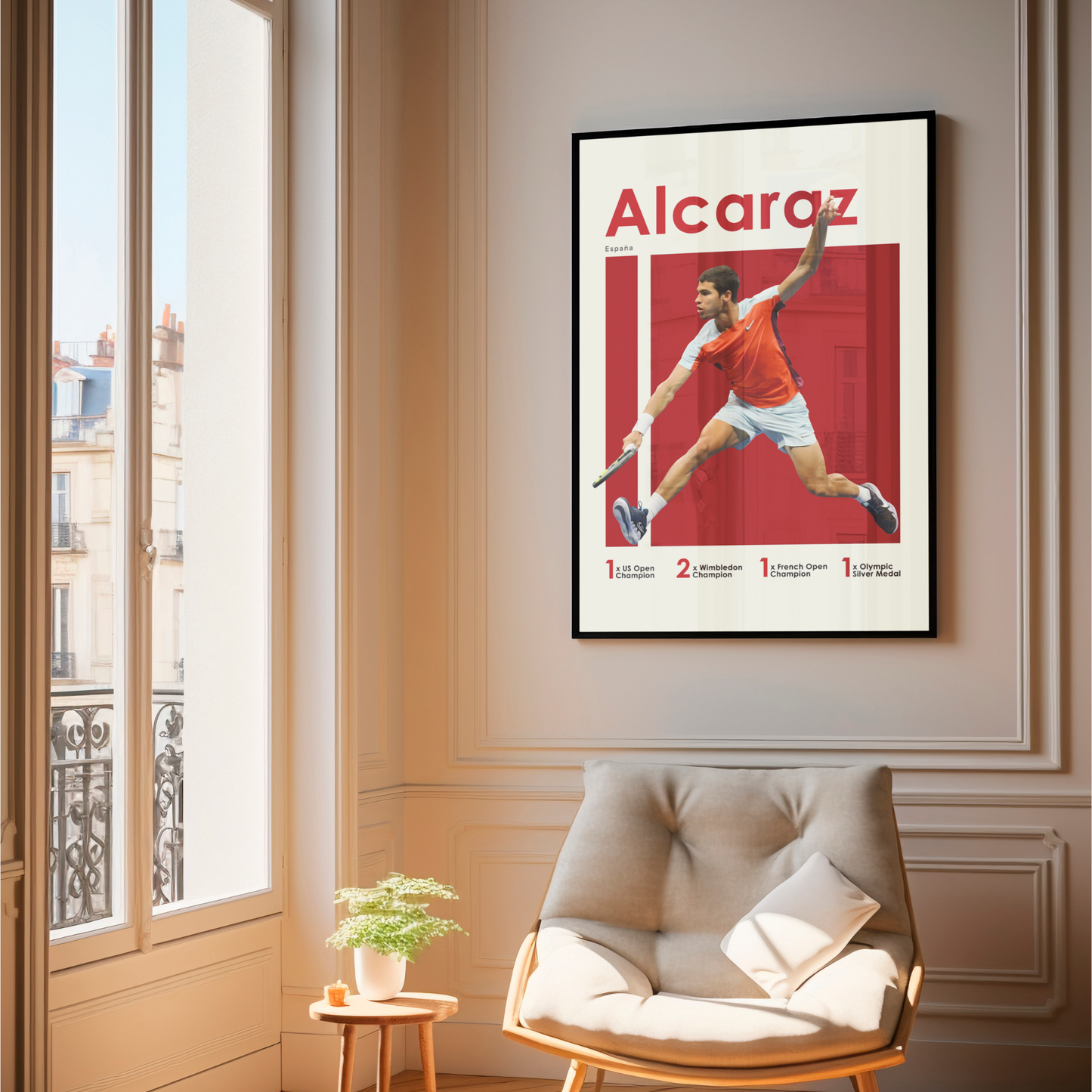 framed poster mockup hanging in a living room. poster of tennis player carlos alcaraz.