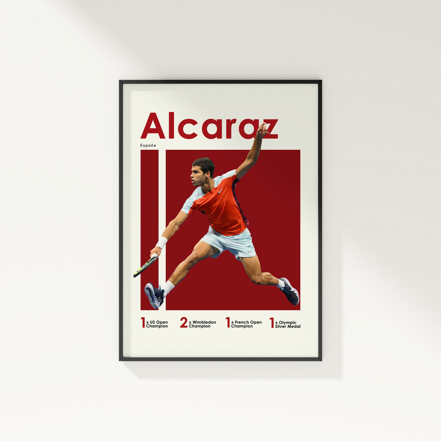 framed poster mockup hanging on a white wall. poster of tennis player carlos alcaraz.