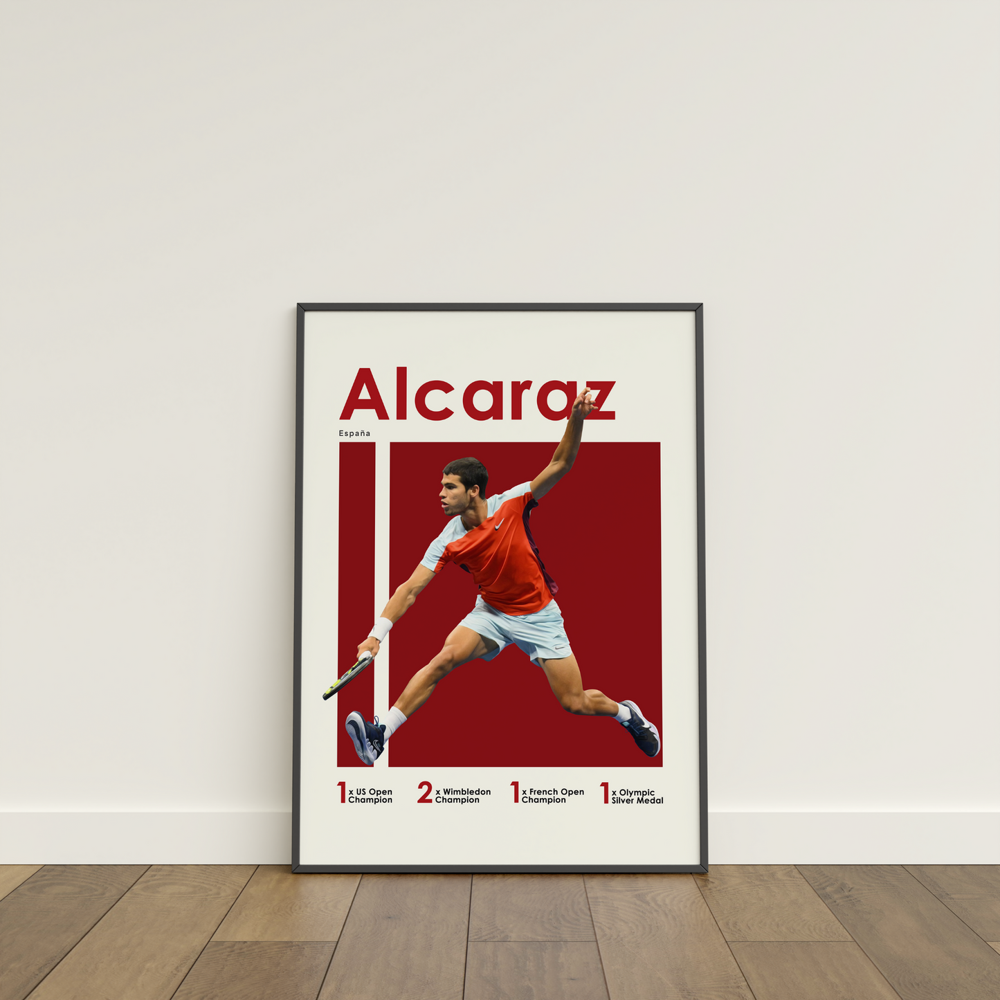 framed poster mockup leaning on a white wall. poster of tennis player carlos alcaraz.