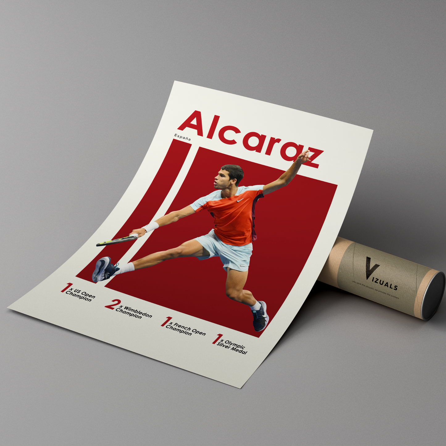 poster mockup leaning on a branded cardboard tube. poster of tennis player carlos alcaraz.