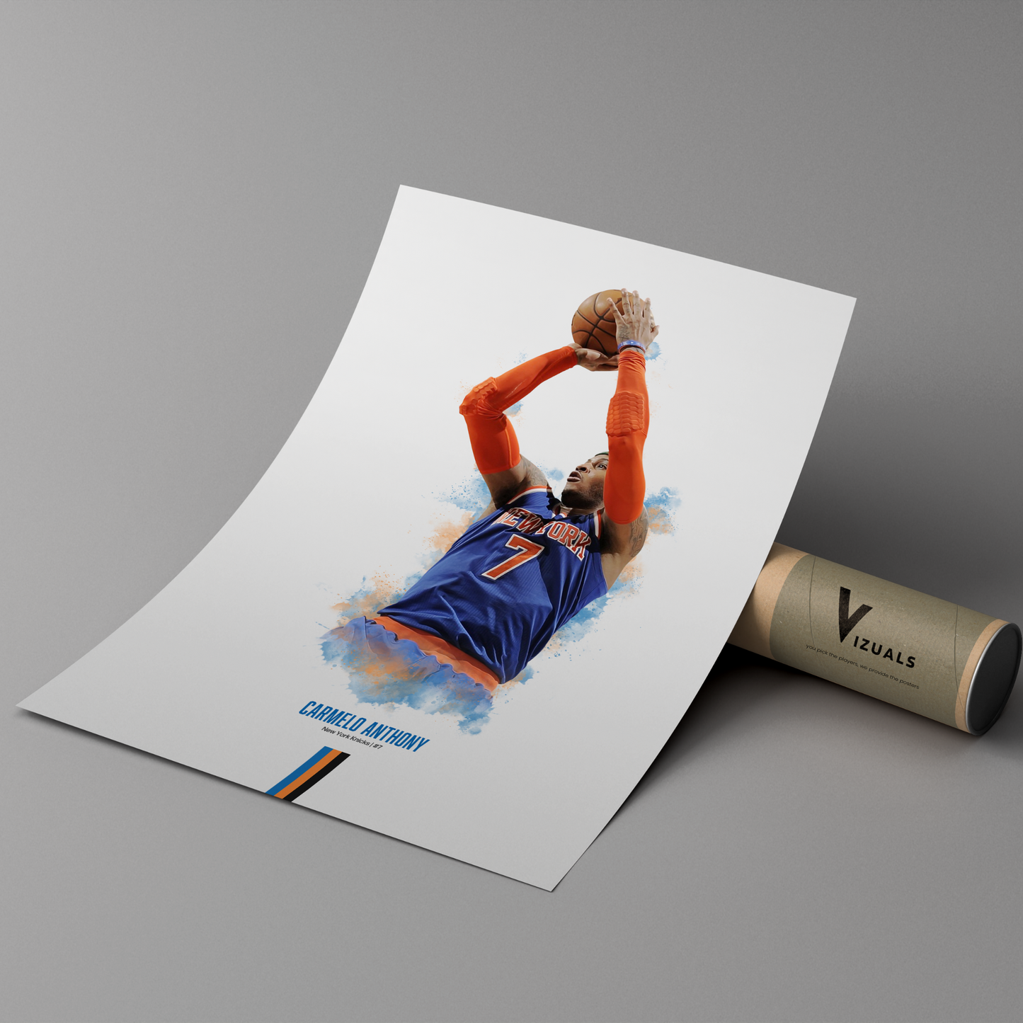 poster mockup leaning on a branded cardboard tube. poster of basketball player carmelo anthony shooting for the new york knicks.