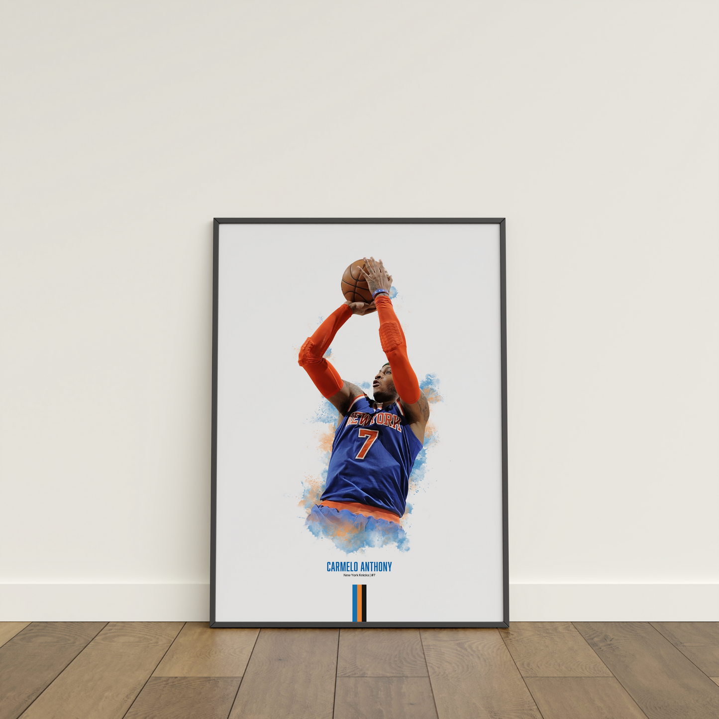 framed poster mockup leaning on a white wall. poster of basketball player carmelo anthony shooting for the new york knicks.