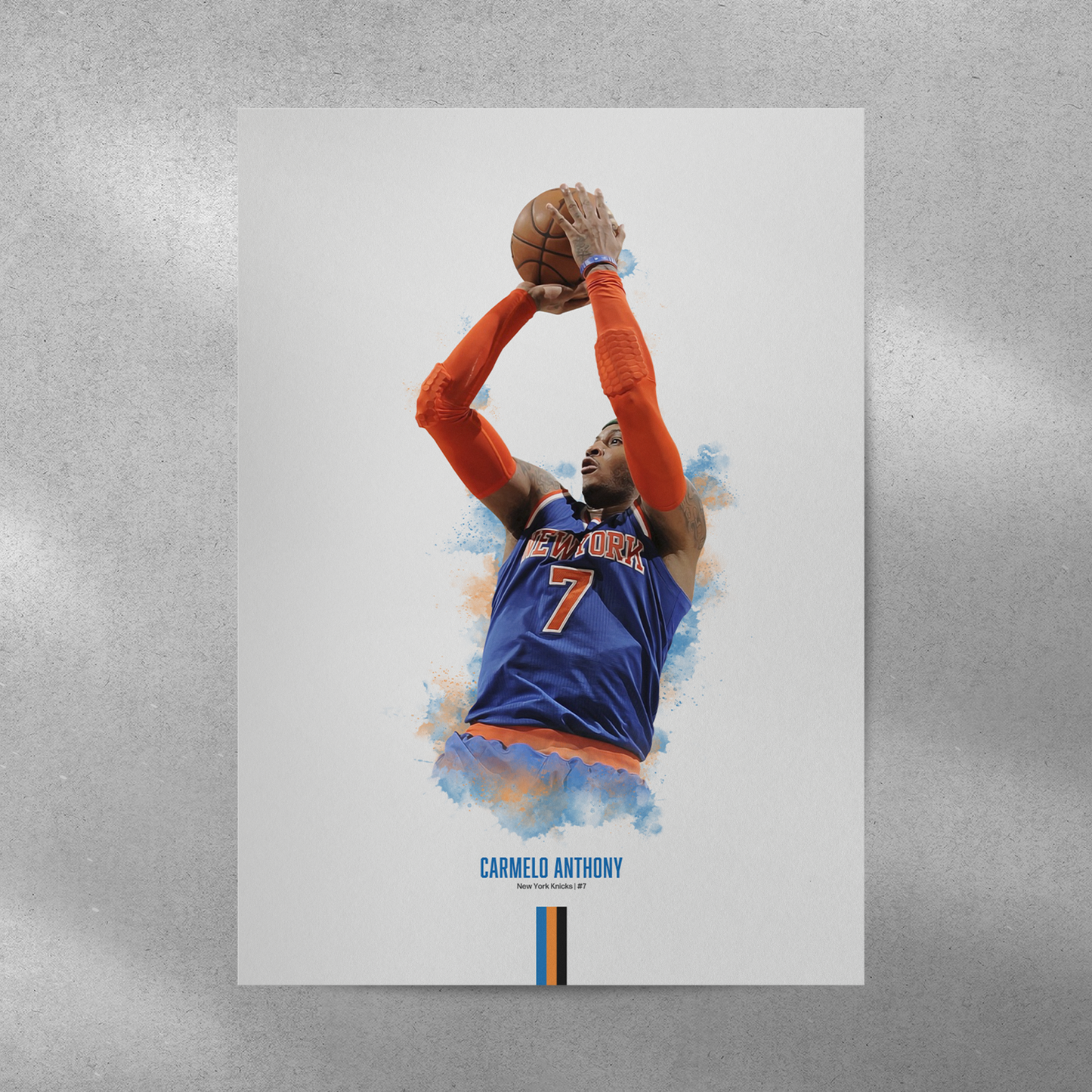 poster mockup on a grey wall. poster of basketball player carmelo anthony shooting for the new york knicks.