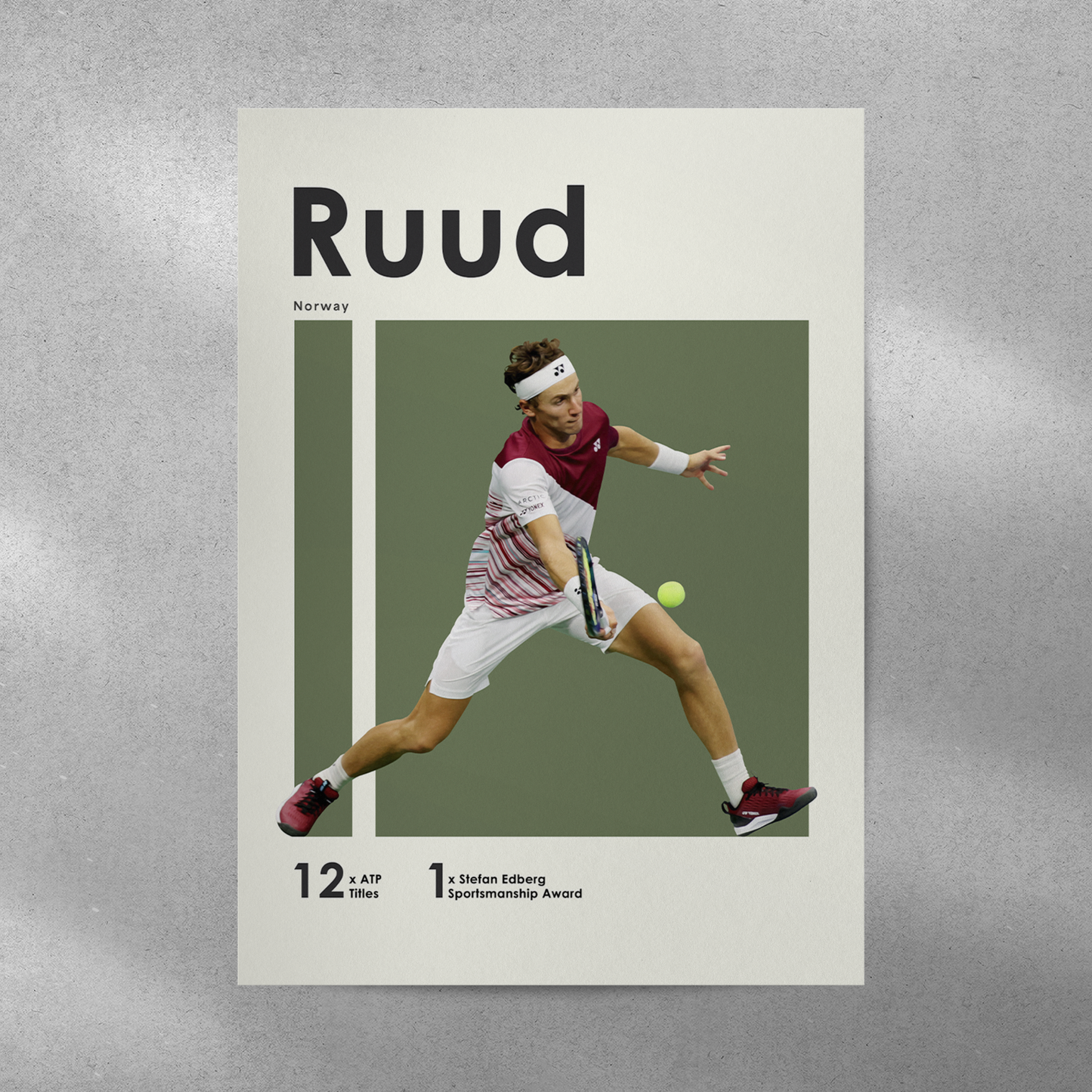 poster mockup on a grey wall. poster of tennis player Casper Ruud hitting a volley.