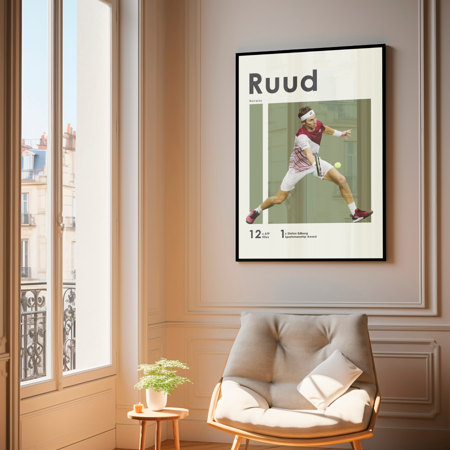 framed poster mockup hanging in a living room. poster of tennis player Casper Ruud hitting a volley.