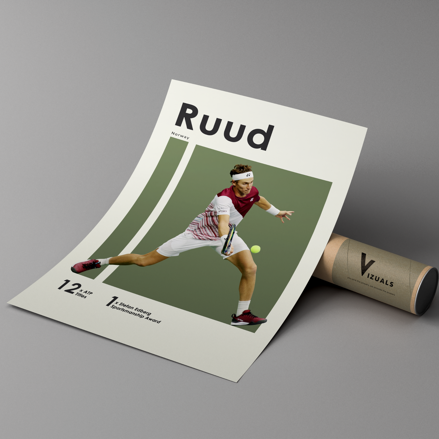 poster mockup leaning on a branded cardboard tube. poster of tennis player Casper Ruud hitting a volley.