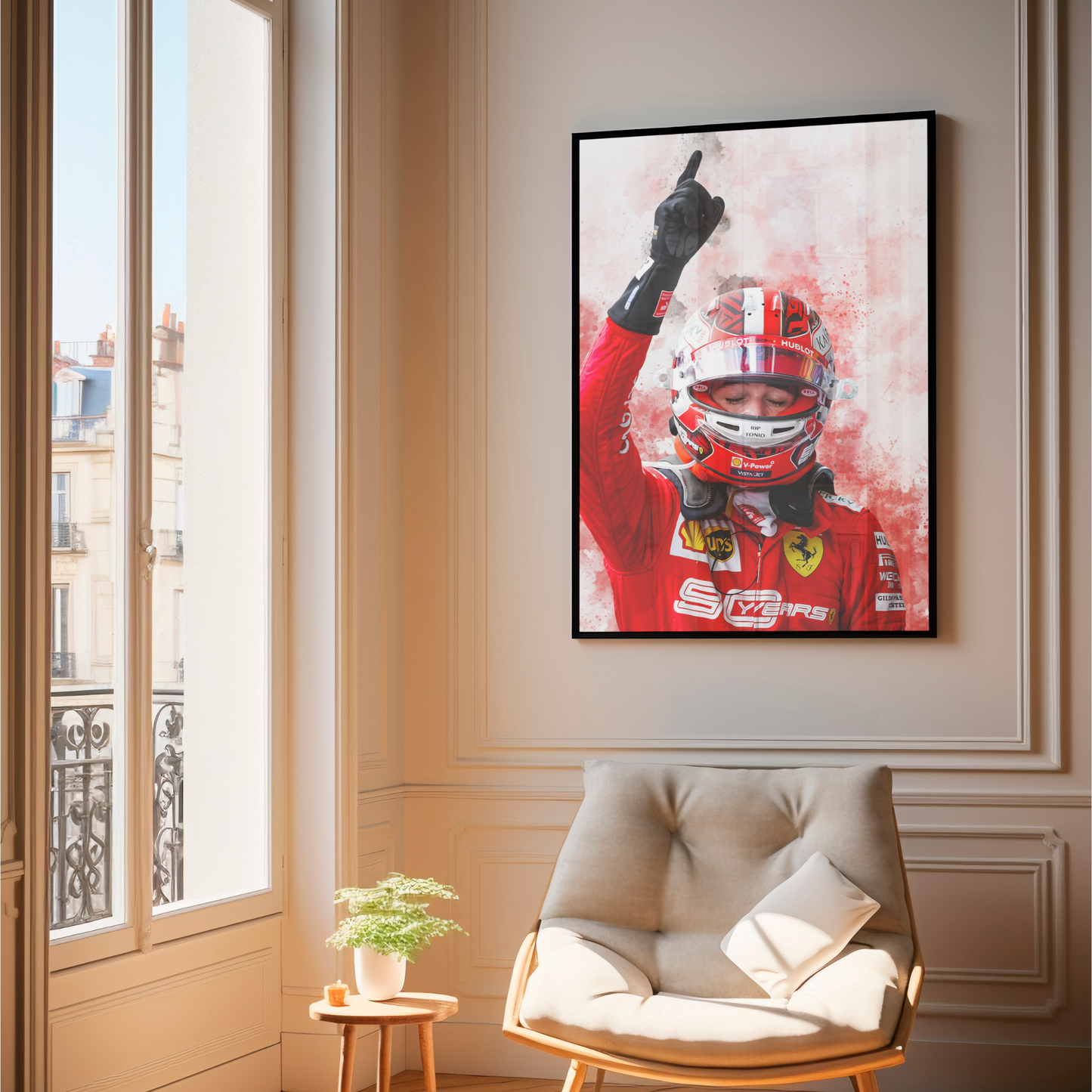 framed poster mockup hanging in a living room. poster of formula 1 driver charles leclerc celebrating for ferrari.