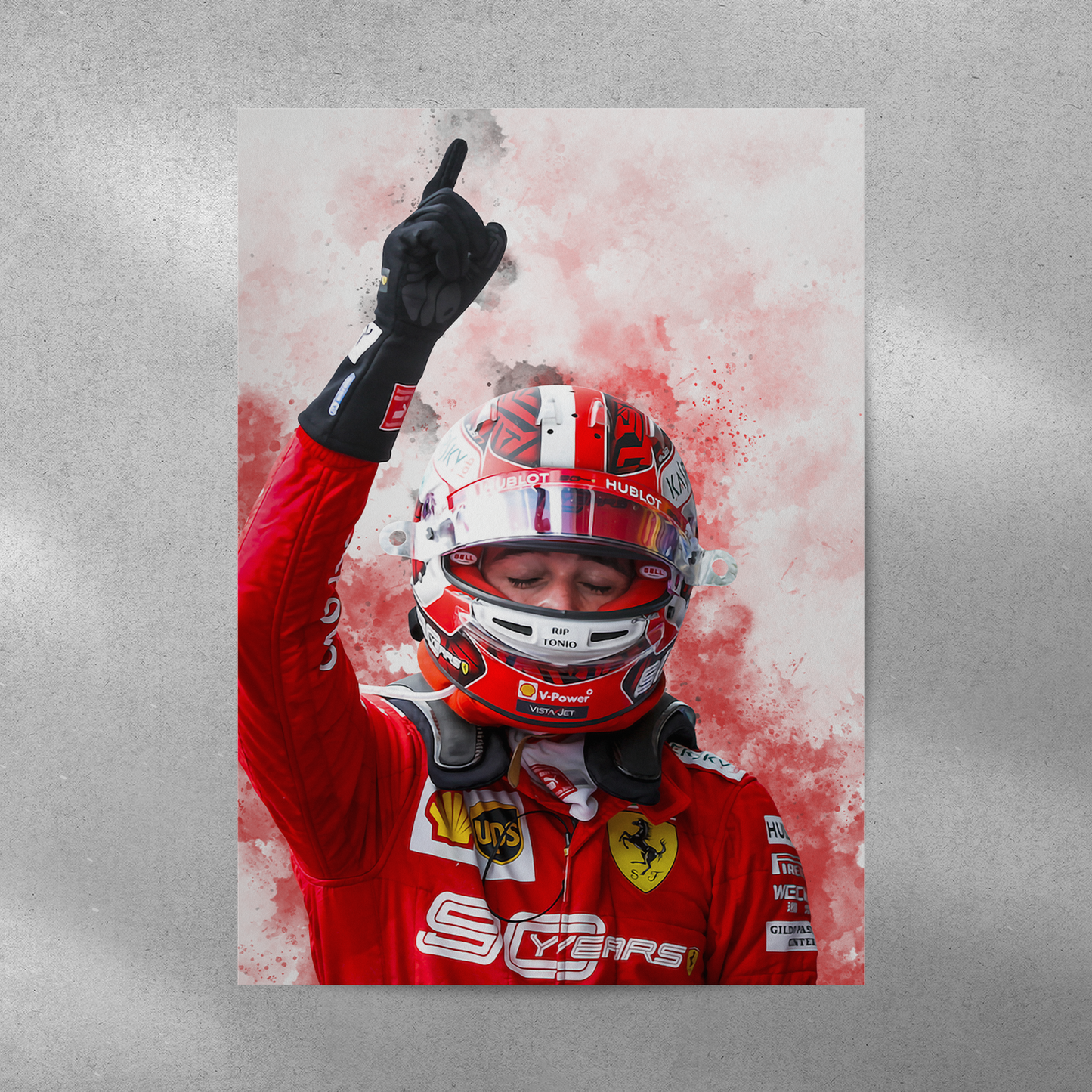 poster mockup on a grey wall. poster of formula 1 driver charles leclerc celebrating for ferrari.