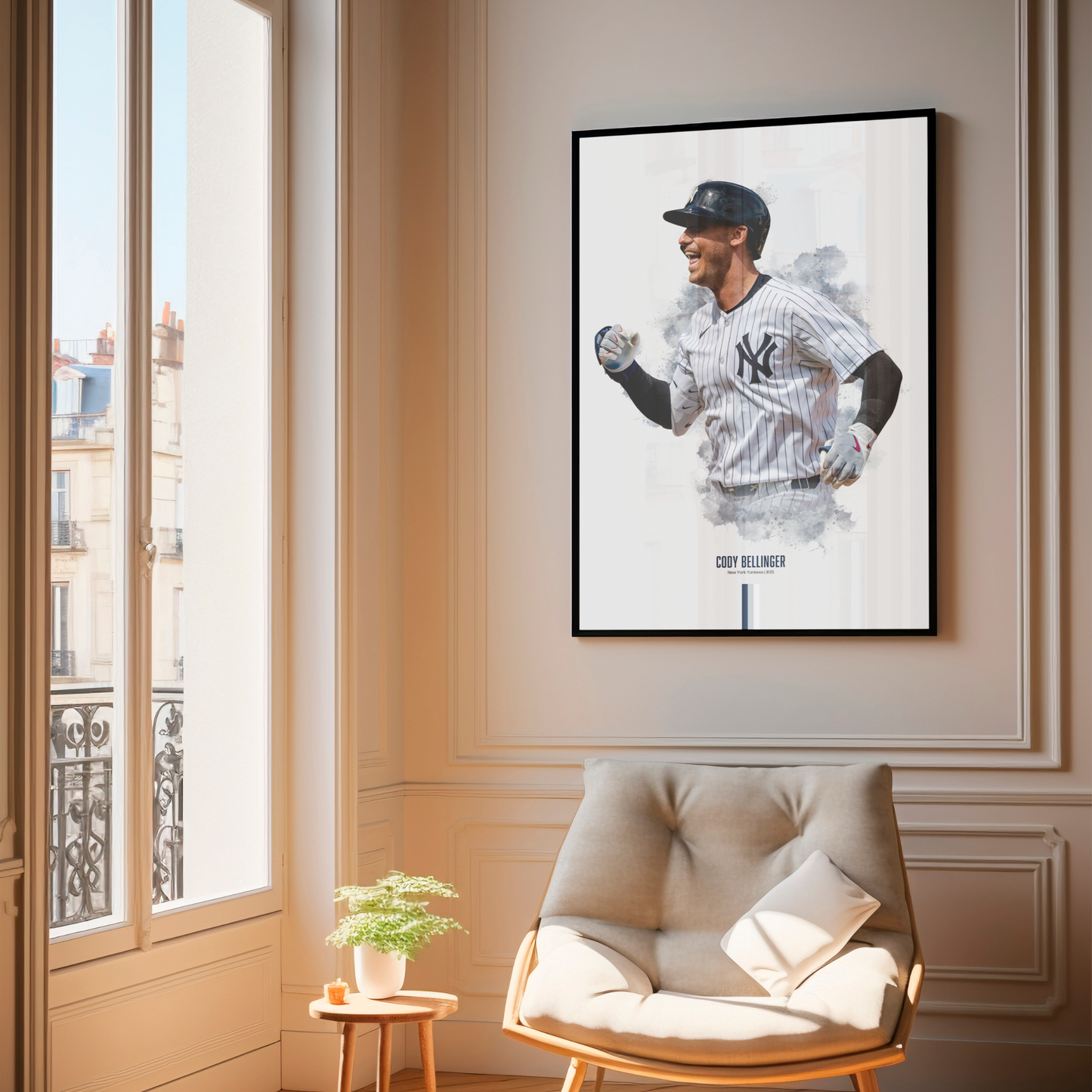 framed poster mockup hanging in a living room. poster of baseball player cody bellinger celebrating for the new york yankees.