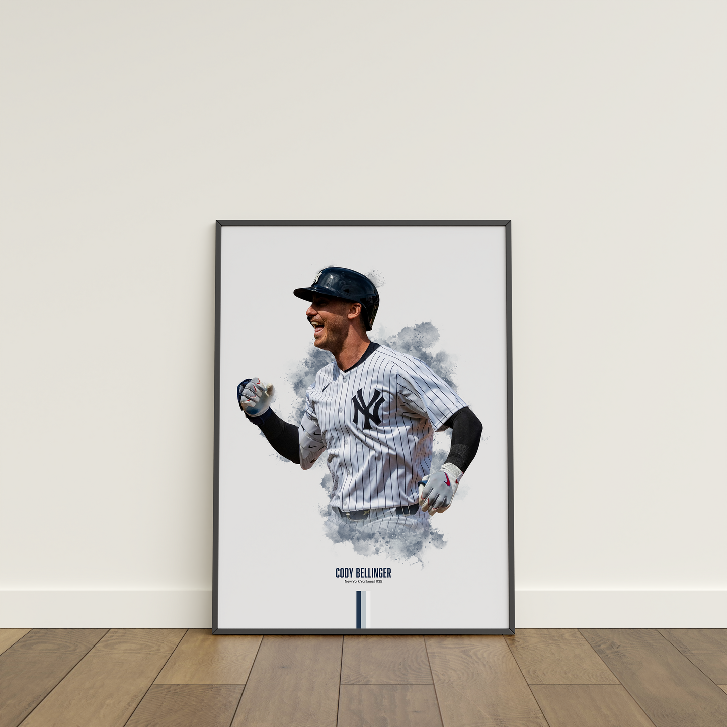 framed poster mockup leaning on a white wall. poster of baseball player cody bellinger celebrating for the new york yankees.