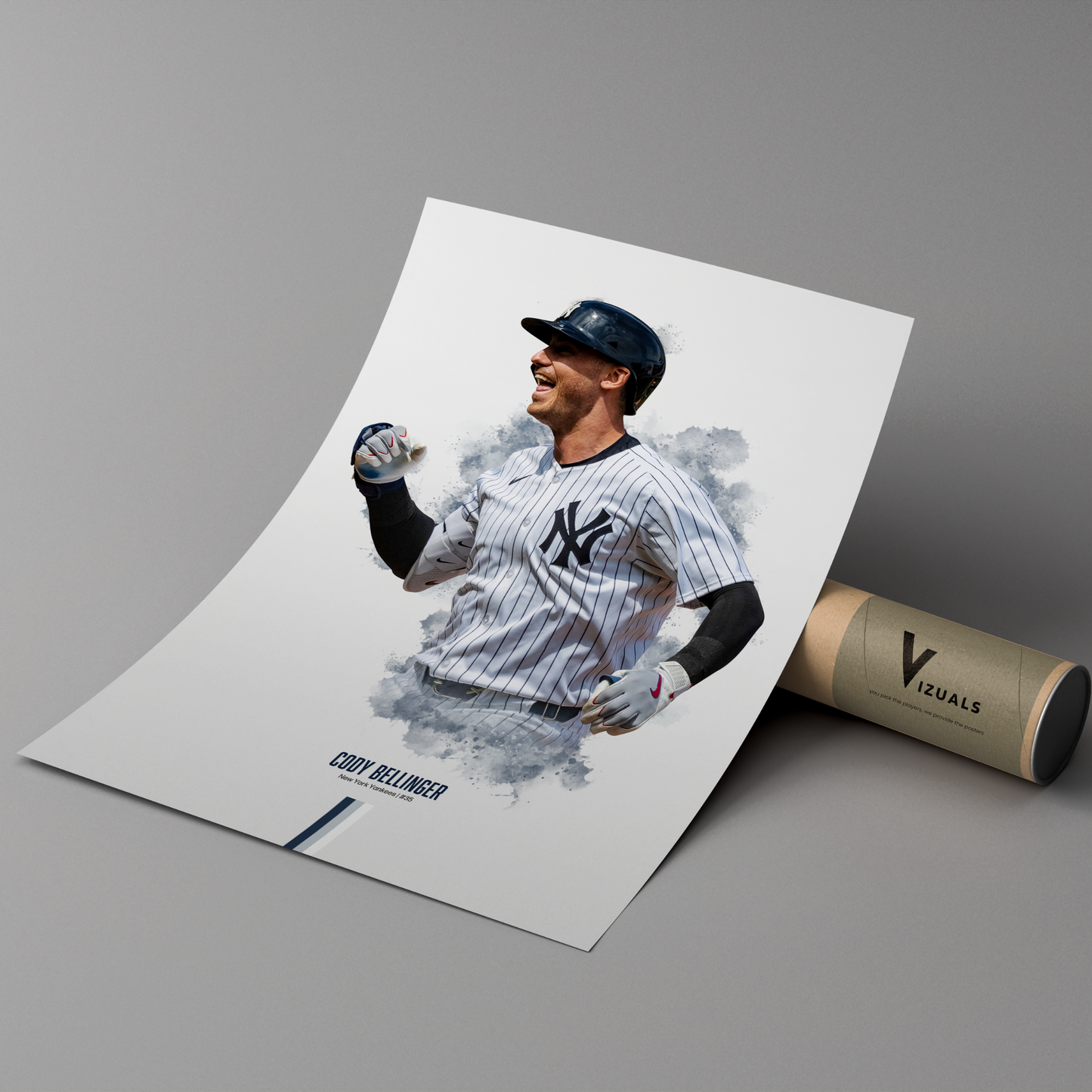 poster mockup leaning on a branded cardboard tube. poster of baseball player cody bellinger celebrating for the new york yankees.