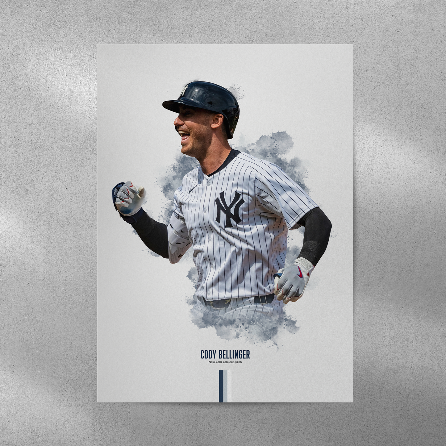 poster mockup on a grey wall. poster of baseball player cody bellinger celebrating for the new york yankees.