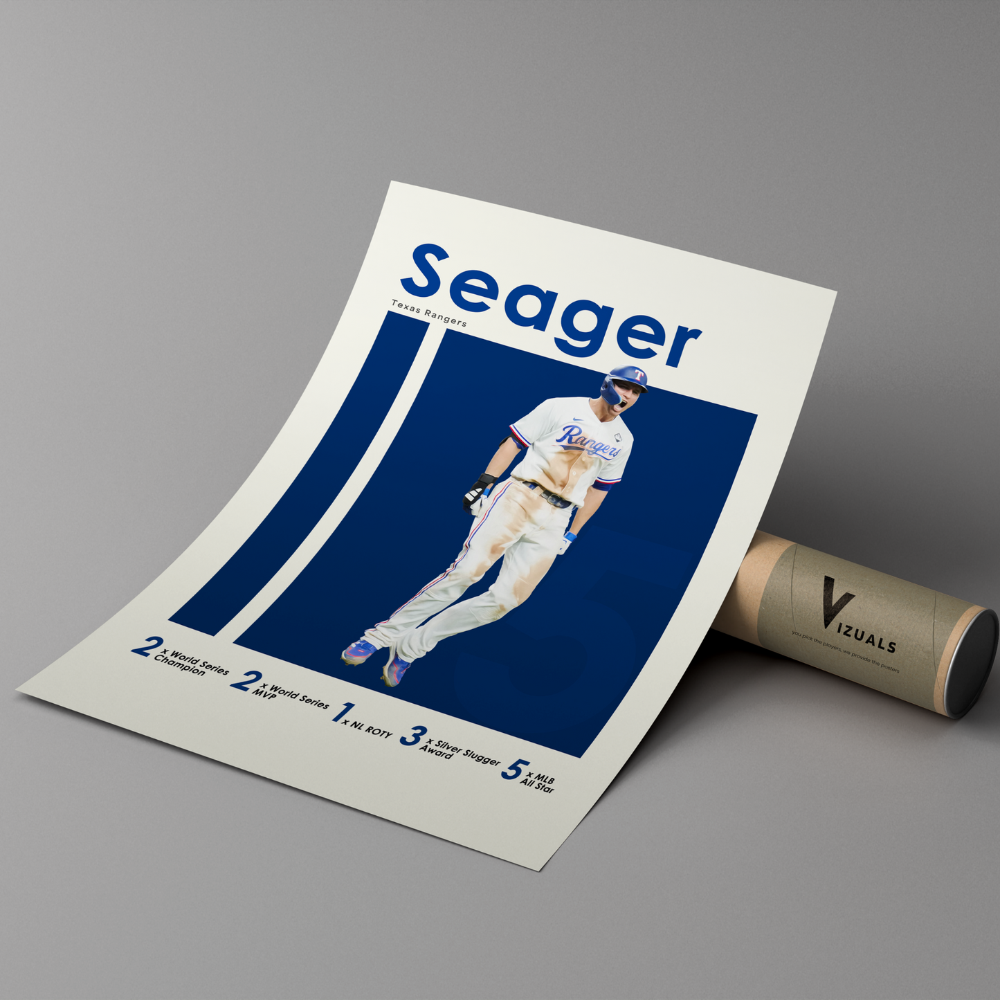 poster mockup leaning on a branded cardboard tube. poster of baseball player corey seager celebrating for the Texas Rangers.