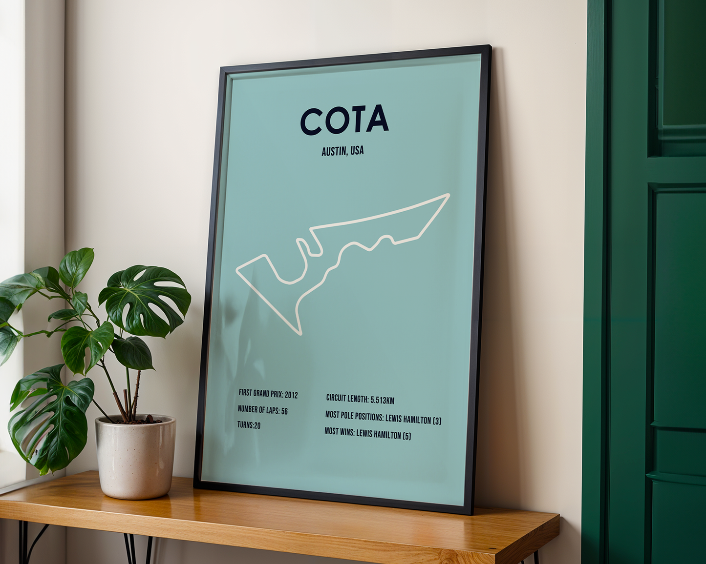Framed poster with 'COTA' and 'Austin, USA' text on a wall next to a plant.