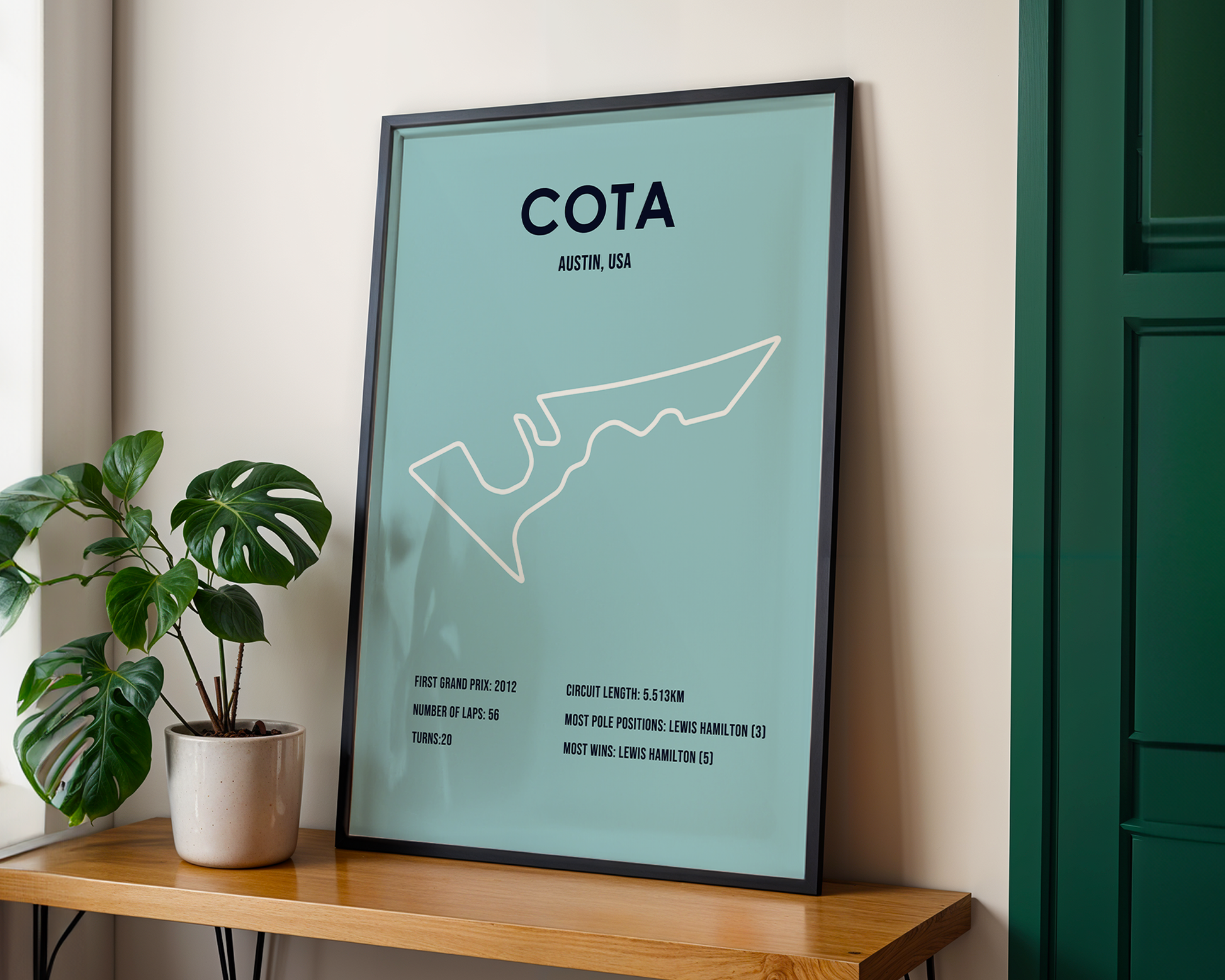 Framed poster with 'COTA' and 'Austin, USA' text on a wall next to a plant.