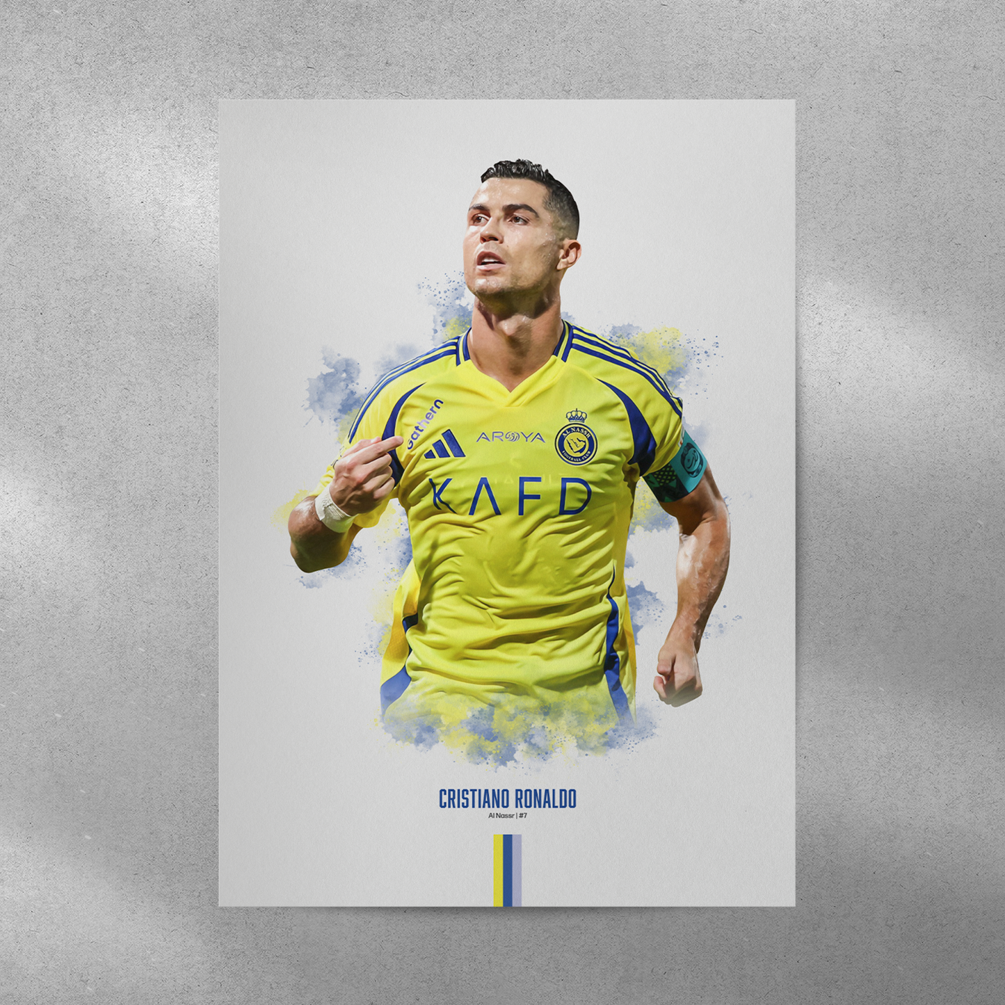 poster mockup on a grey wall. poster of soccer player cristiano ronaldo celebrating for Al Nassr.