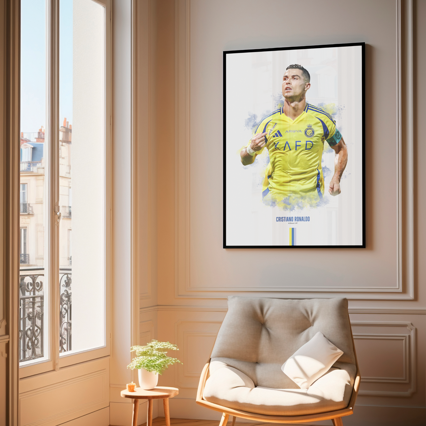 framed poster mockup hanging in a living room. poster of soccer player cristiano ronaldo celebrating for Al Nassr.