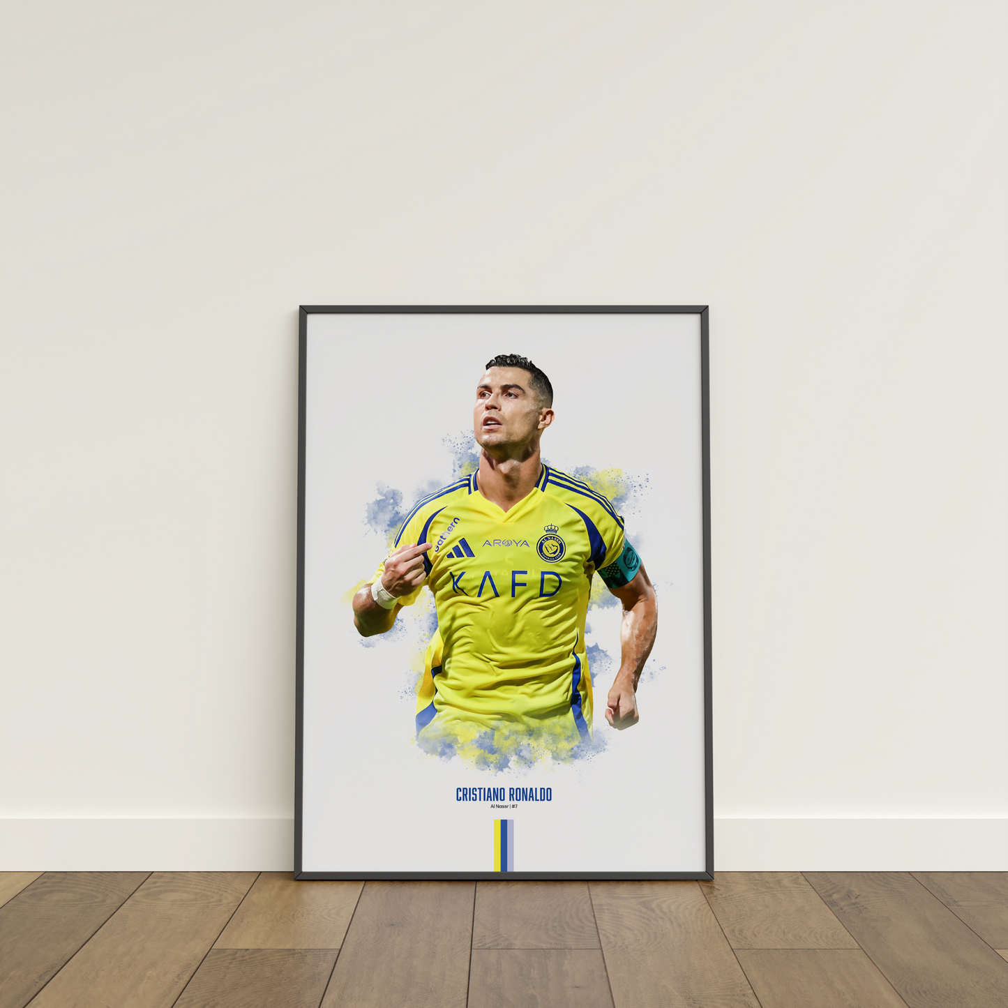 framed poster mockup leaning on a white wall. poster of soccer player cristiano ronaldo celebrating for Al Nassr.