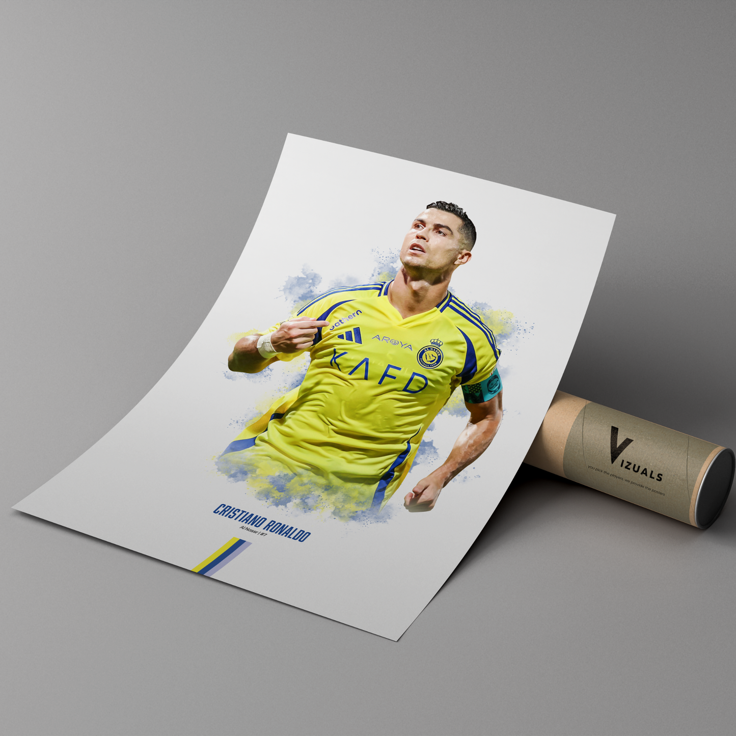 poster mockup leaning on a branded cardboard tube. poster of soccer player cristiano ronaldo celebrating for Al Nassr.