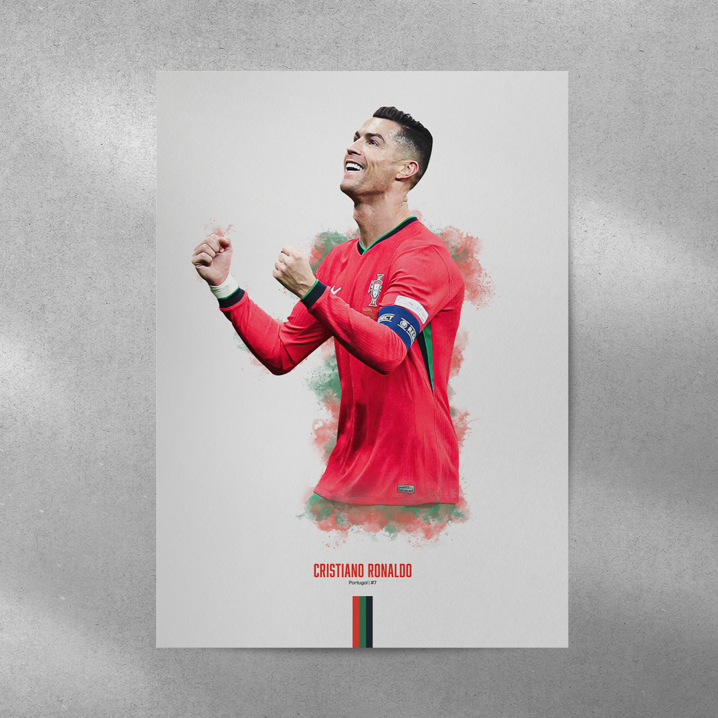 poster mockup on a grey wall. poster of soccer player cristiano ronaldo celebrating for Portugal.