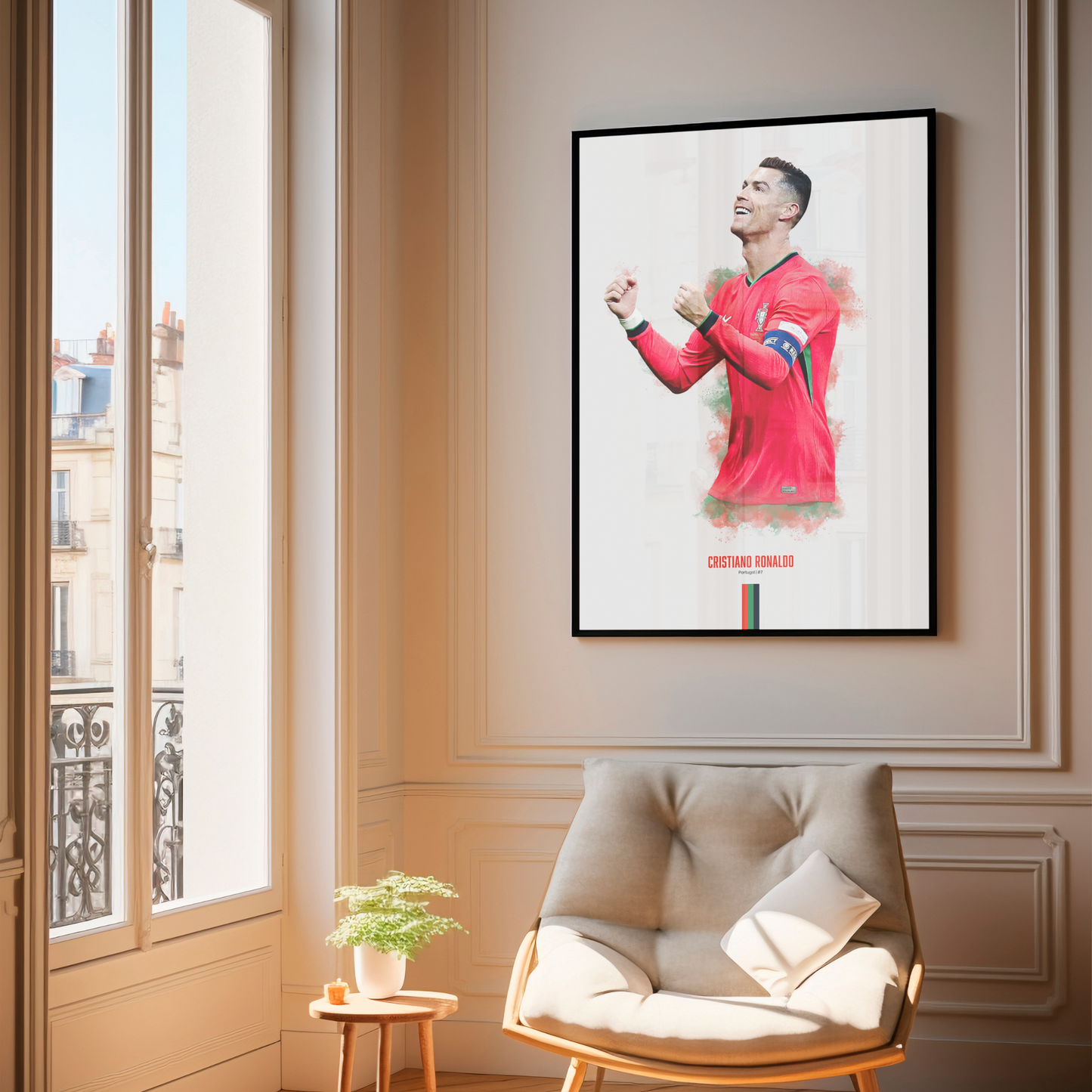 framed poster mockup hanging in a living room. poster of soccer player cristiano ronaldo celebrating for Portugal.