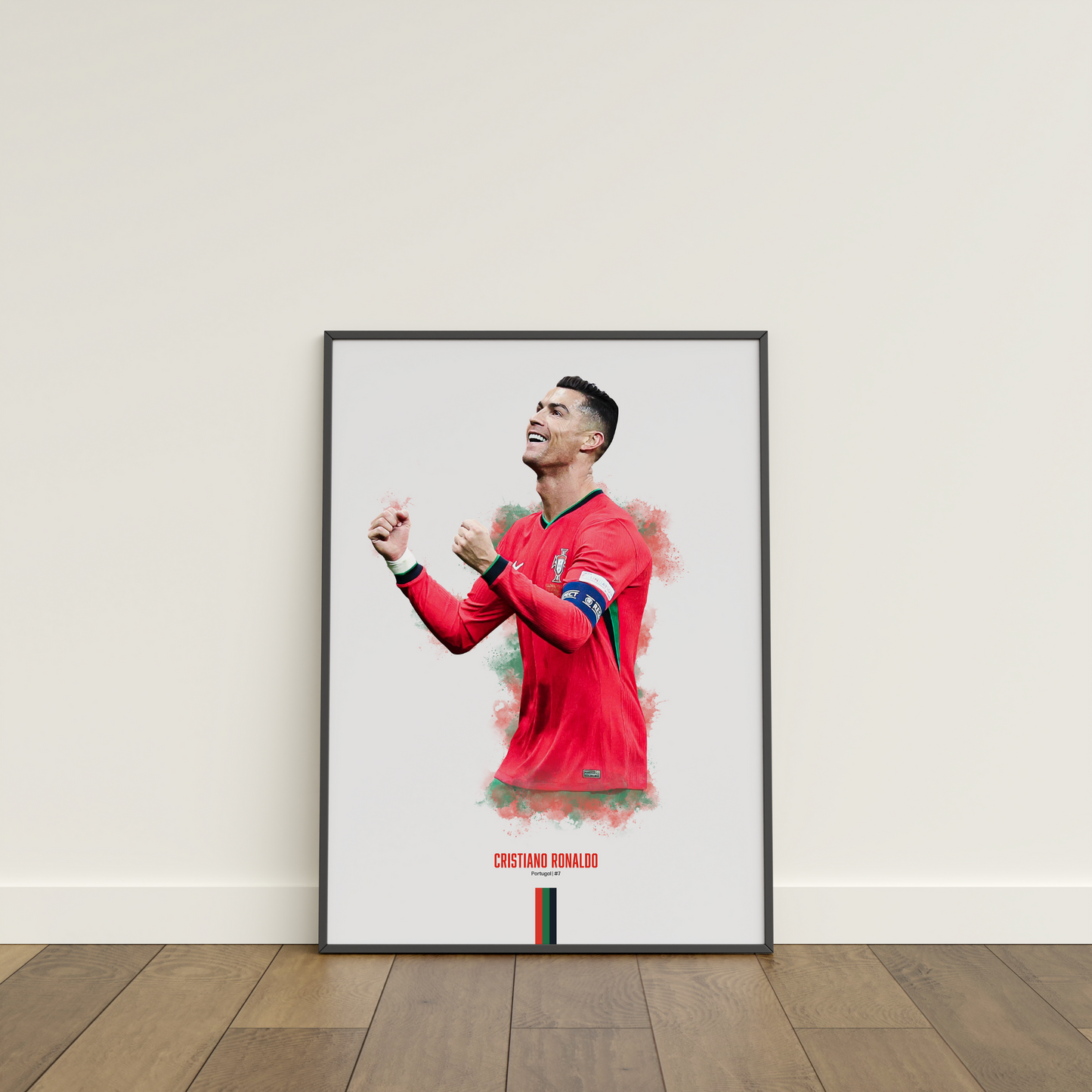 framed poster mockup leaning on a white wall. poster of soccer player cristiano ronaldo celebrating for Portugal.