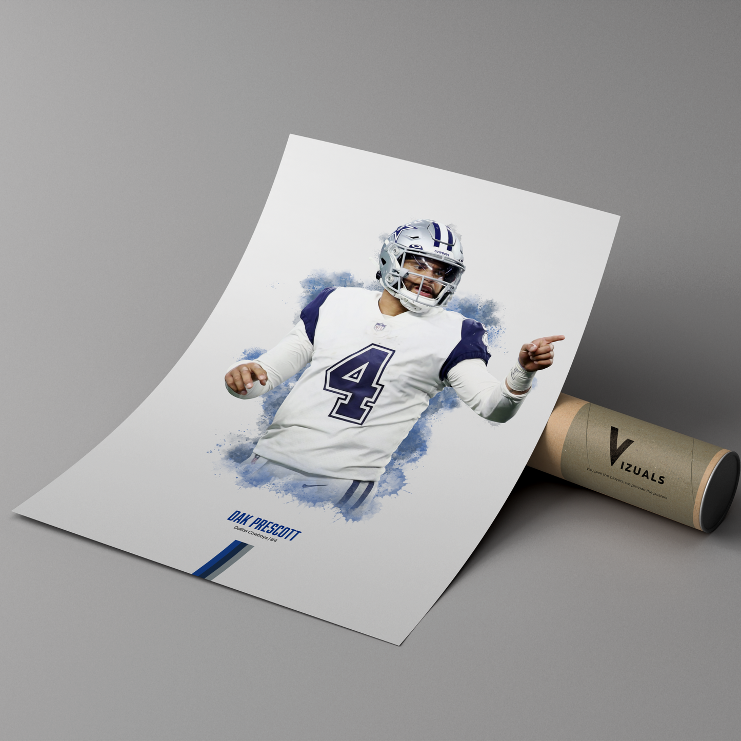 poster mockup leaning on a branded cardboard tube. poster of football player dak prescott playing for the Dallas Cowboys.