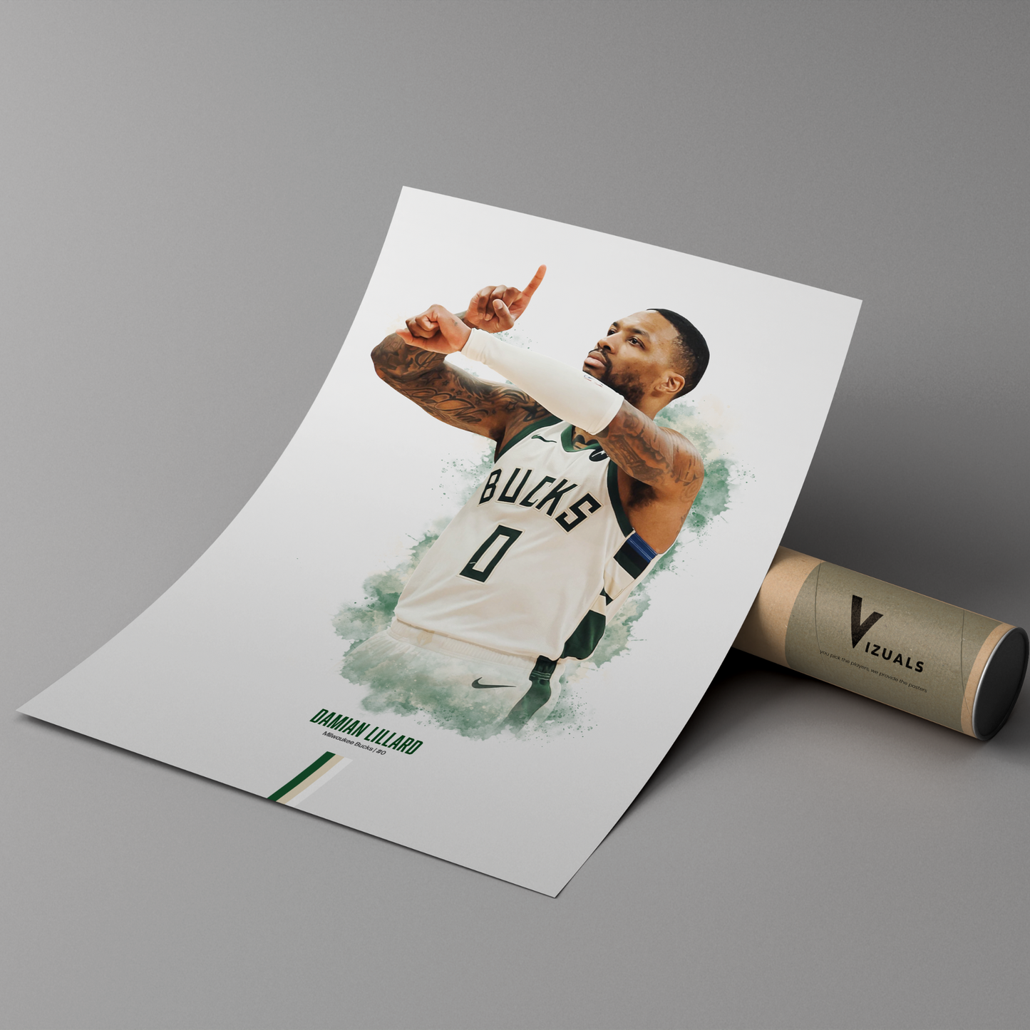 poster mockup leaning on a branded cardboard tube. poster of basketball player damian lillard celebrating for the milwaukee bucks.