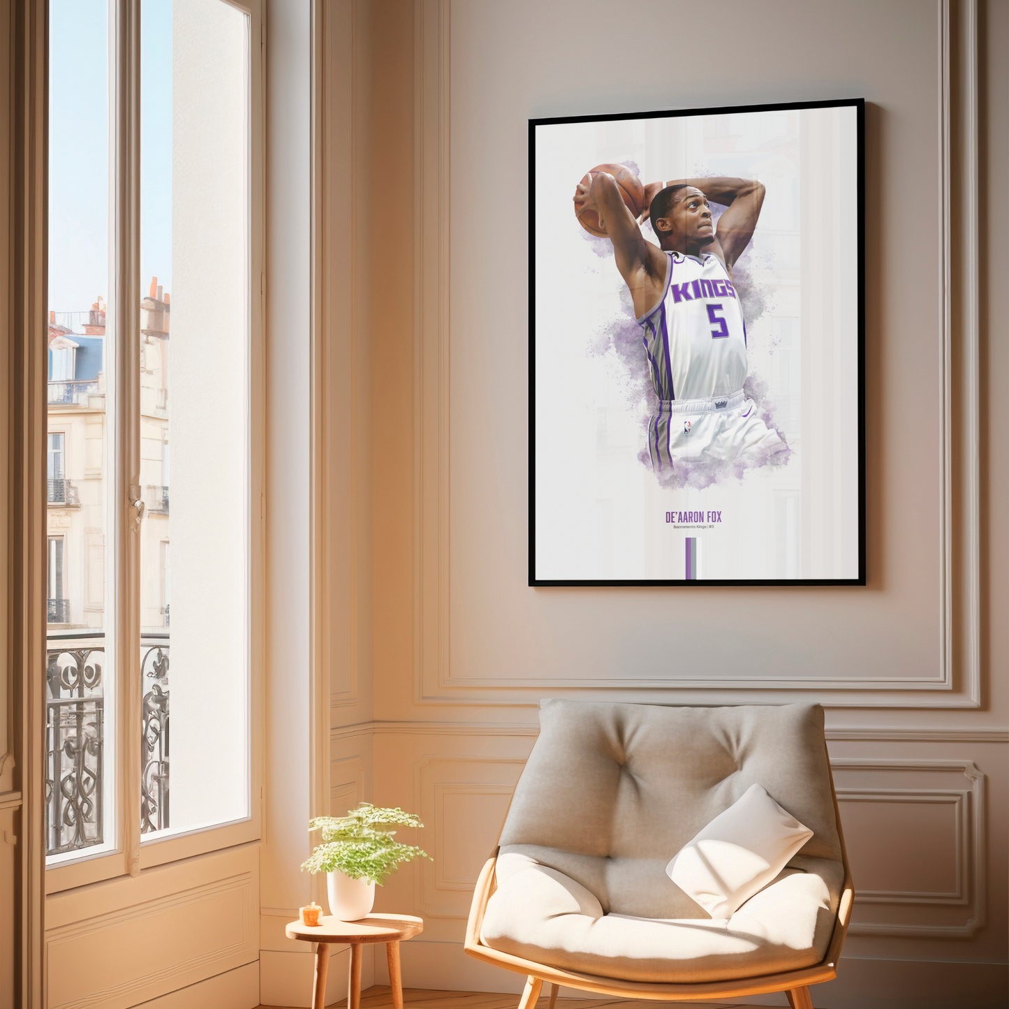 framed poster mockup hanging in a living room. poster of basketball player de'aaron fox dunking for the Sacramento Kings.