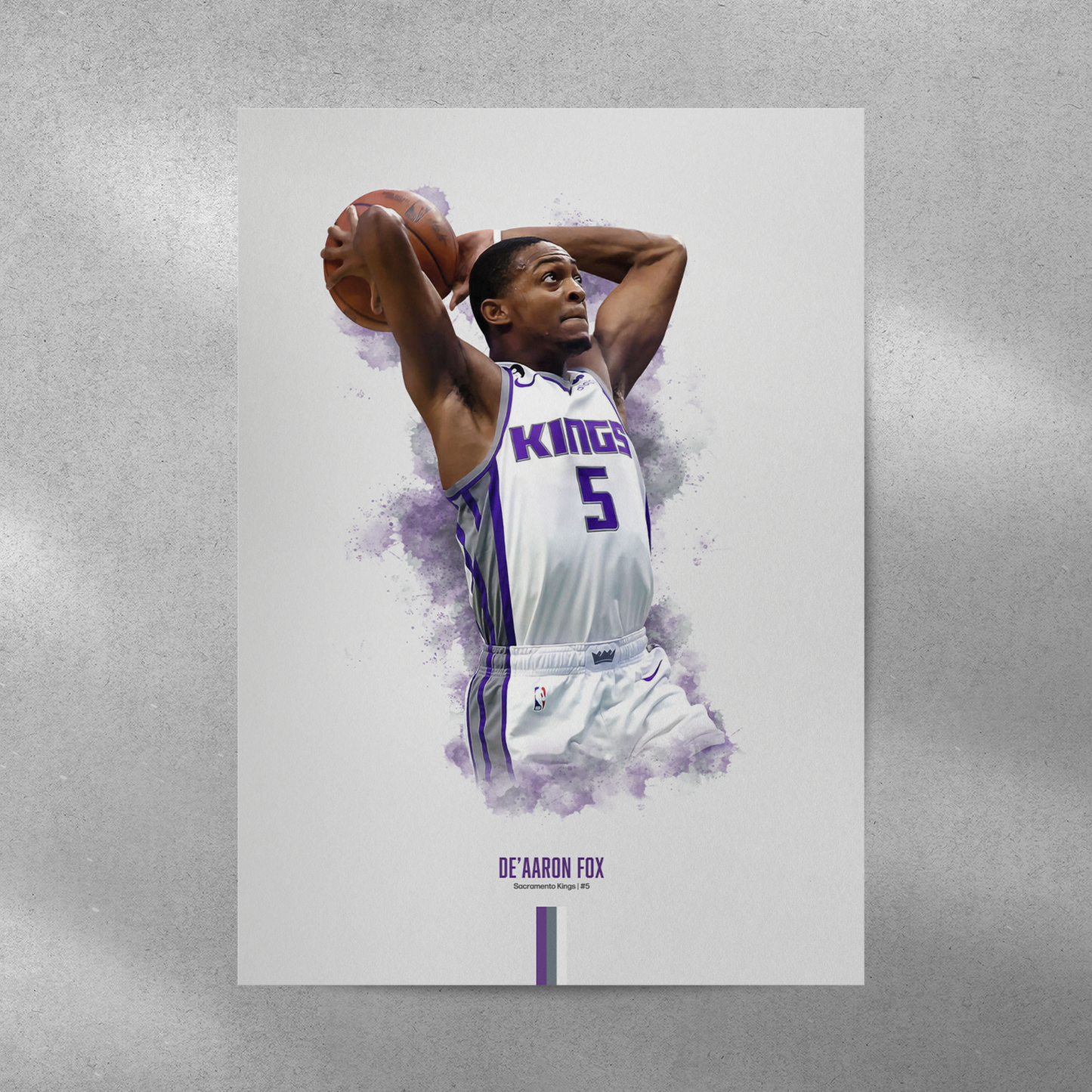 poster mockup on a grey wall. poster of basketball player de'aaron fox dunking for the Sacramento Kings.