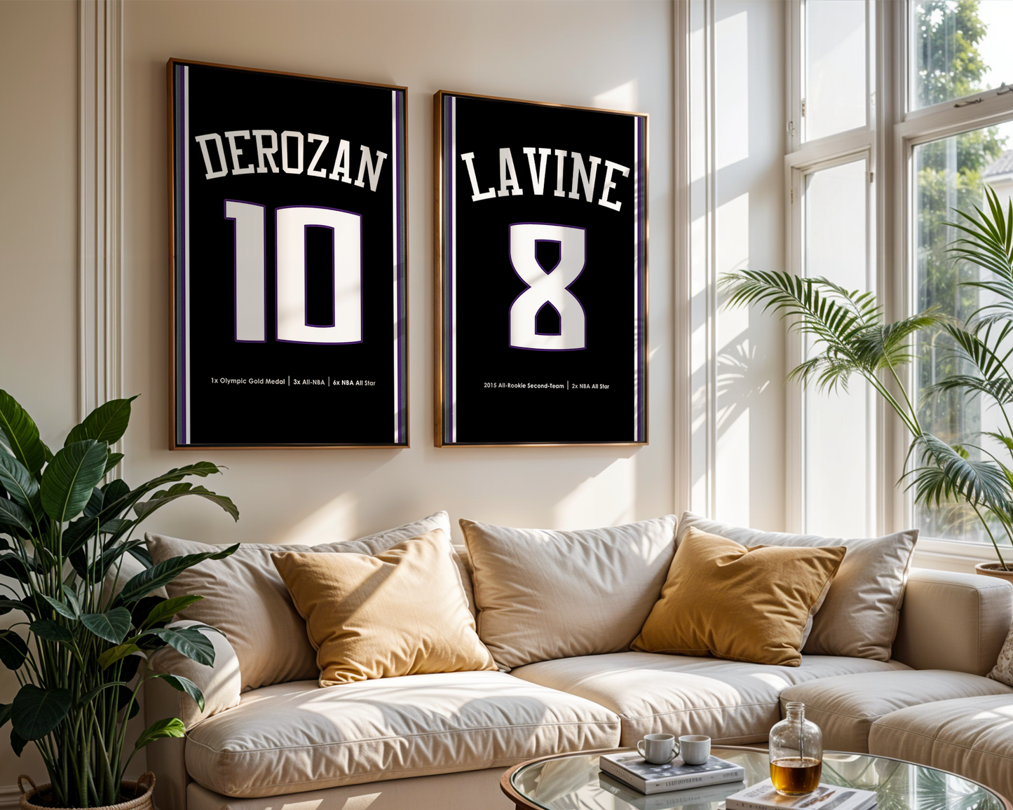 Two framed sports jerseys with names and numbers on a wall above a couch.